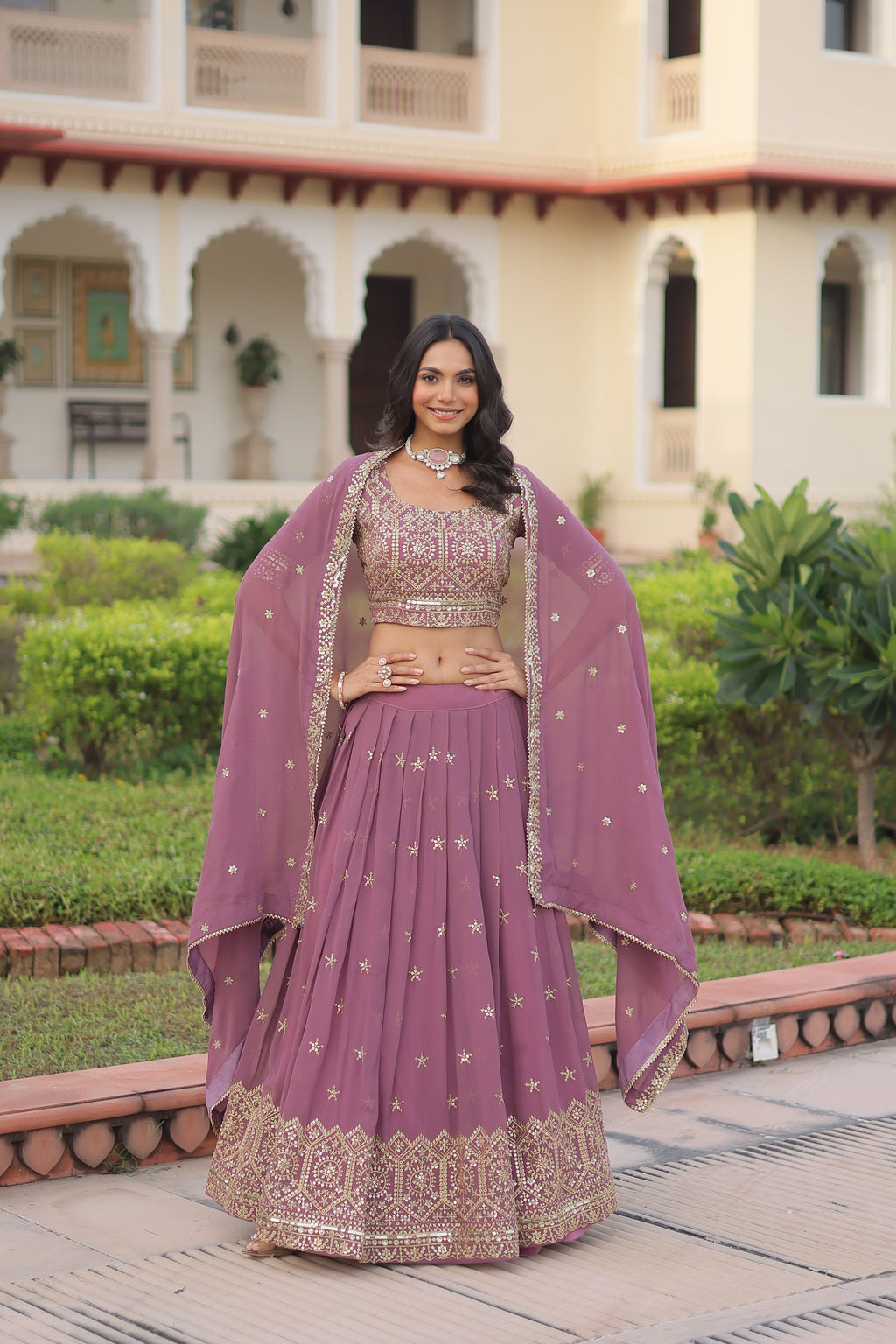 Invi onion pink faux georgette lehenga choli with sequins zari embroidery