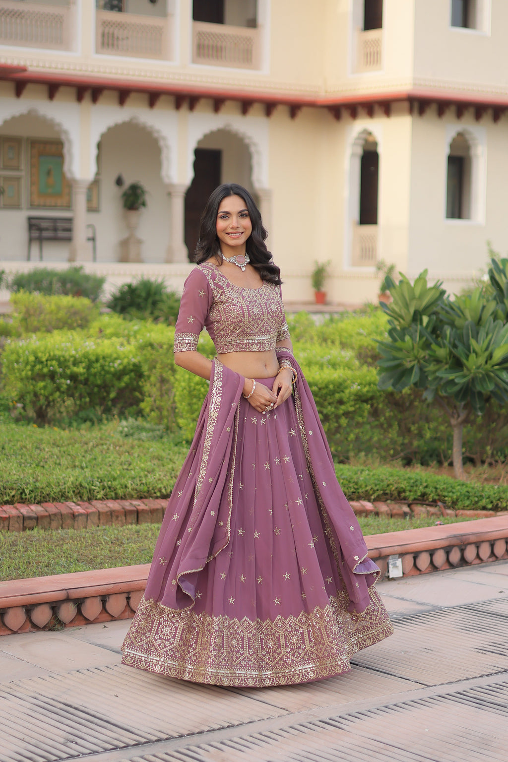 Invi onion pink faux georgette lehenga choli with sequins zari embroidery