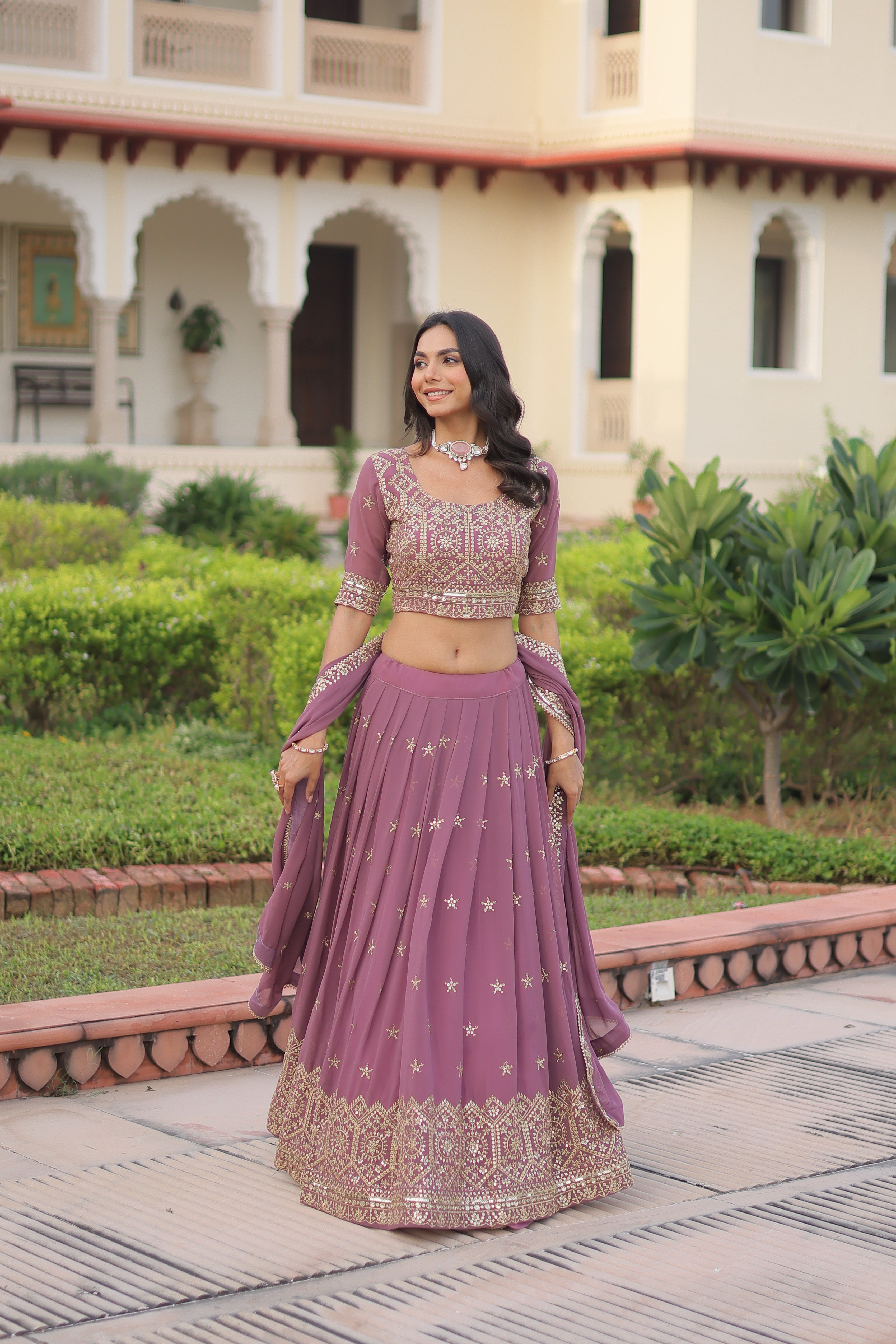 Invi onion pink faux georgette lehenga choli with sequins zari embroidery
