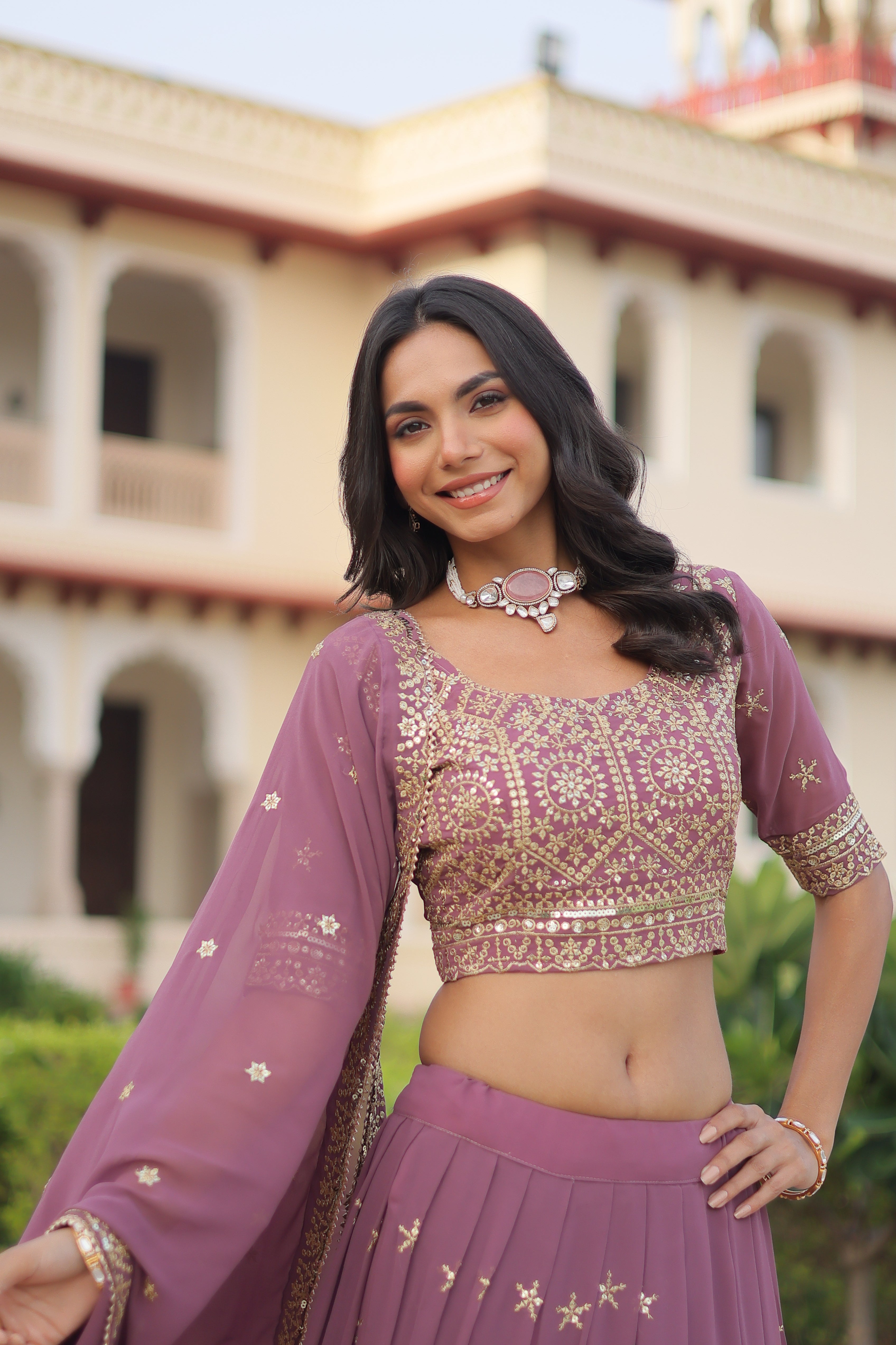 Invi onion pink faux georgette lehenga choli with sequins zari embroidery