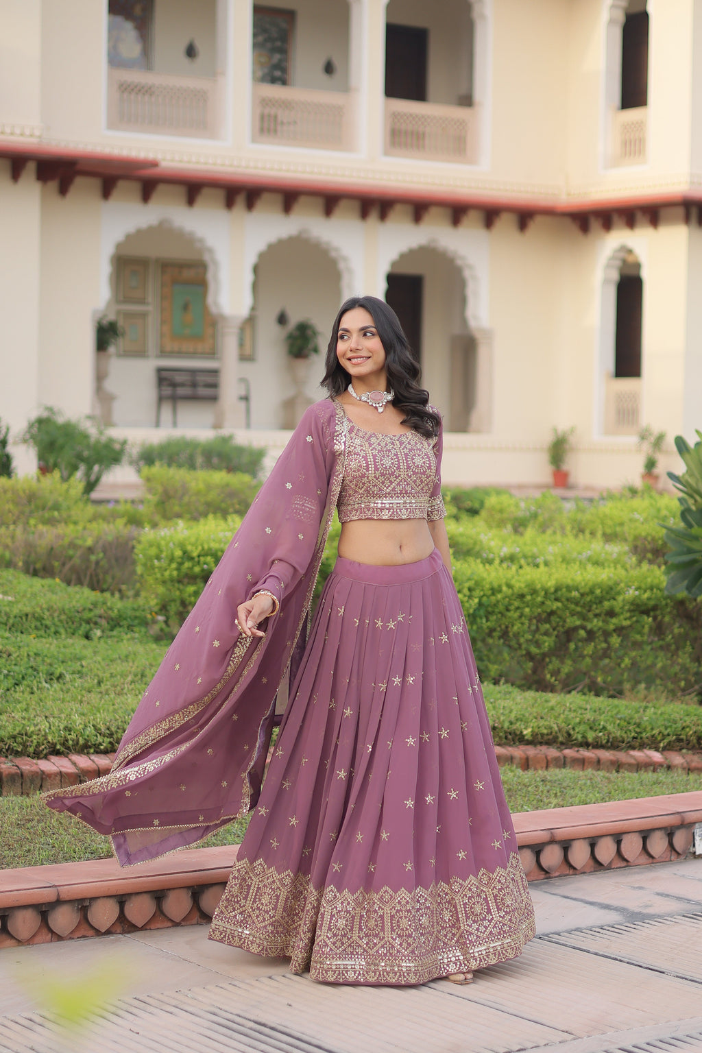 Invi onion pink faux georgette lehenga choli with sequins zari embroidery