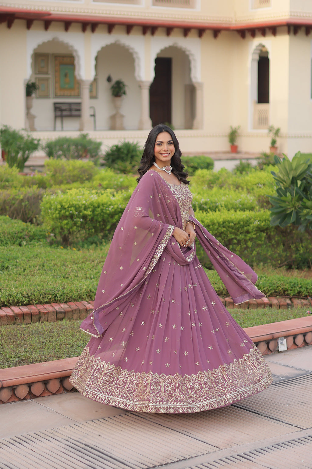 Invi onion pink faux georgette lehenga choli with sequins zari embroidery