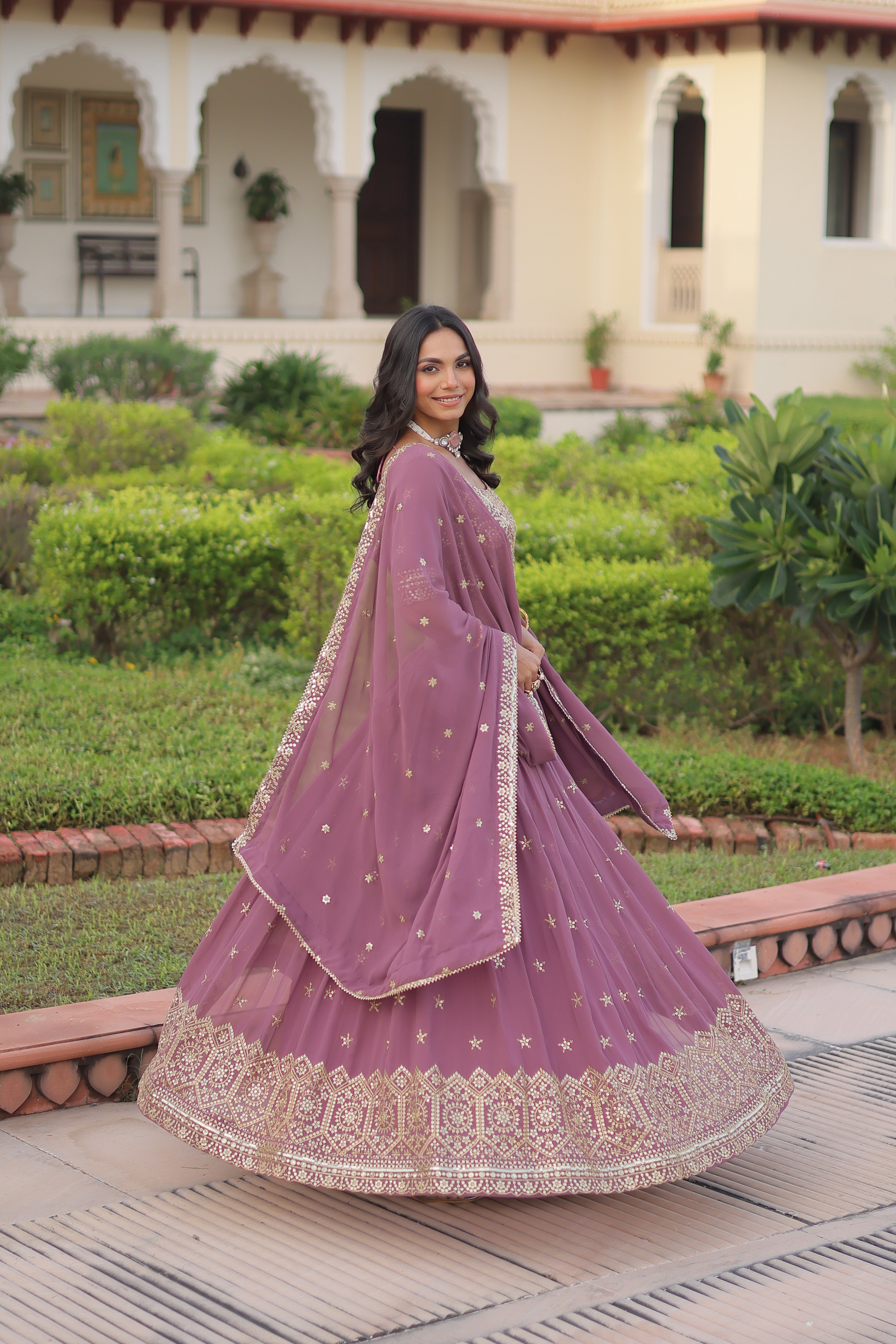 Invi onion pink faux georgette lehenga choli with sequins zari embroidery