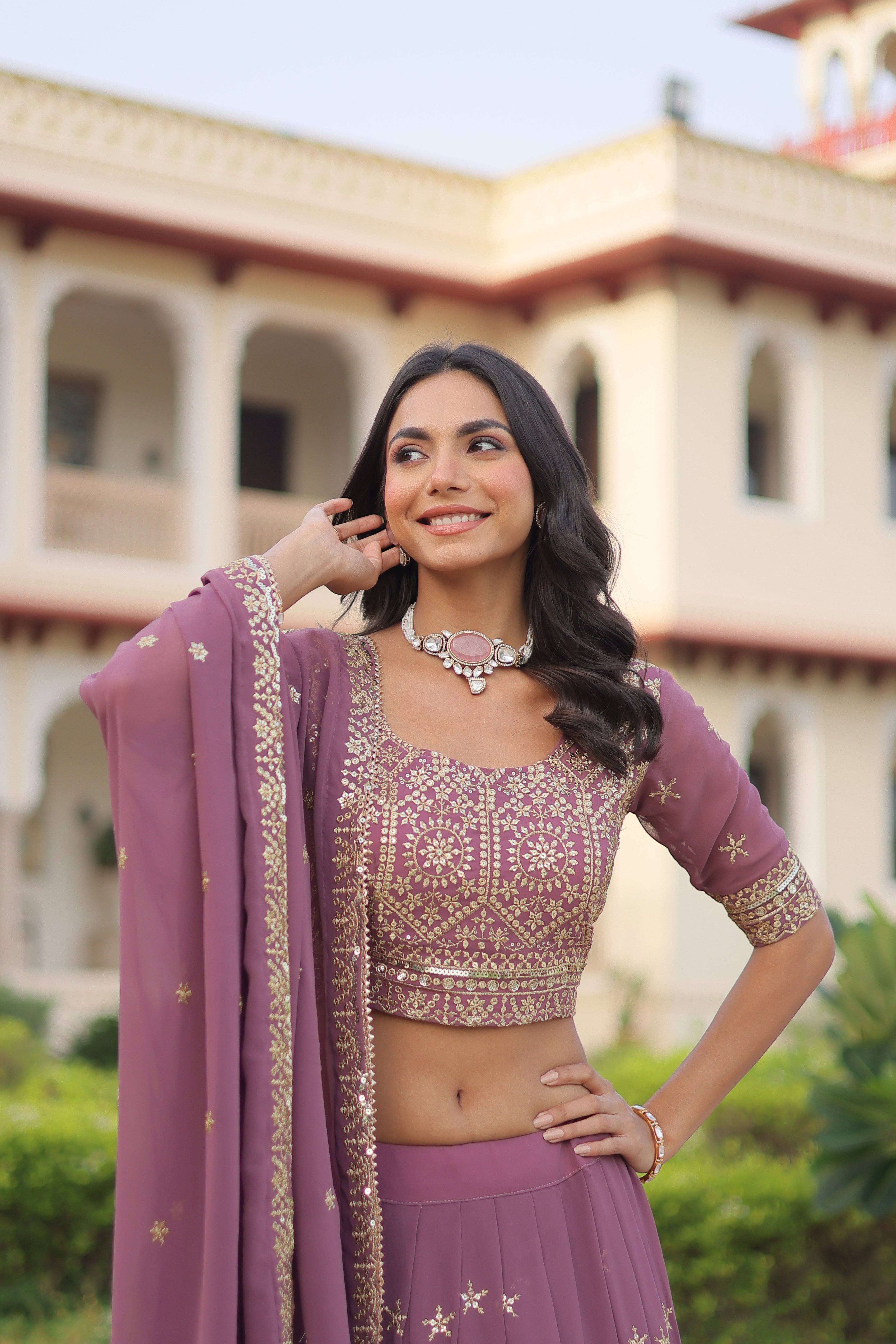 Invi onion pink faux georgette lehenga choli with sequins zari embroidery