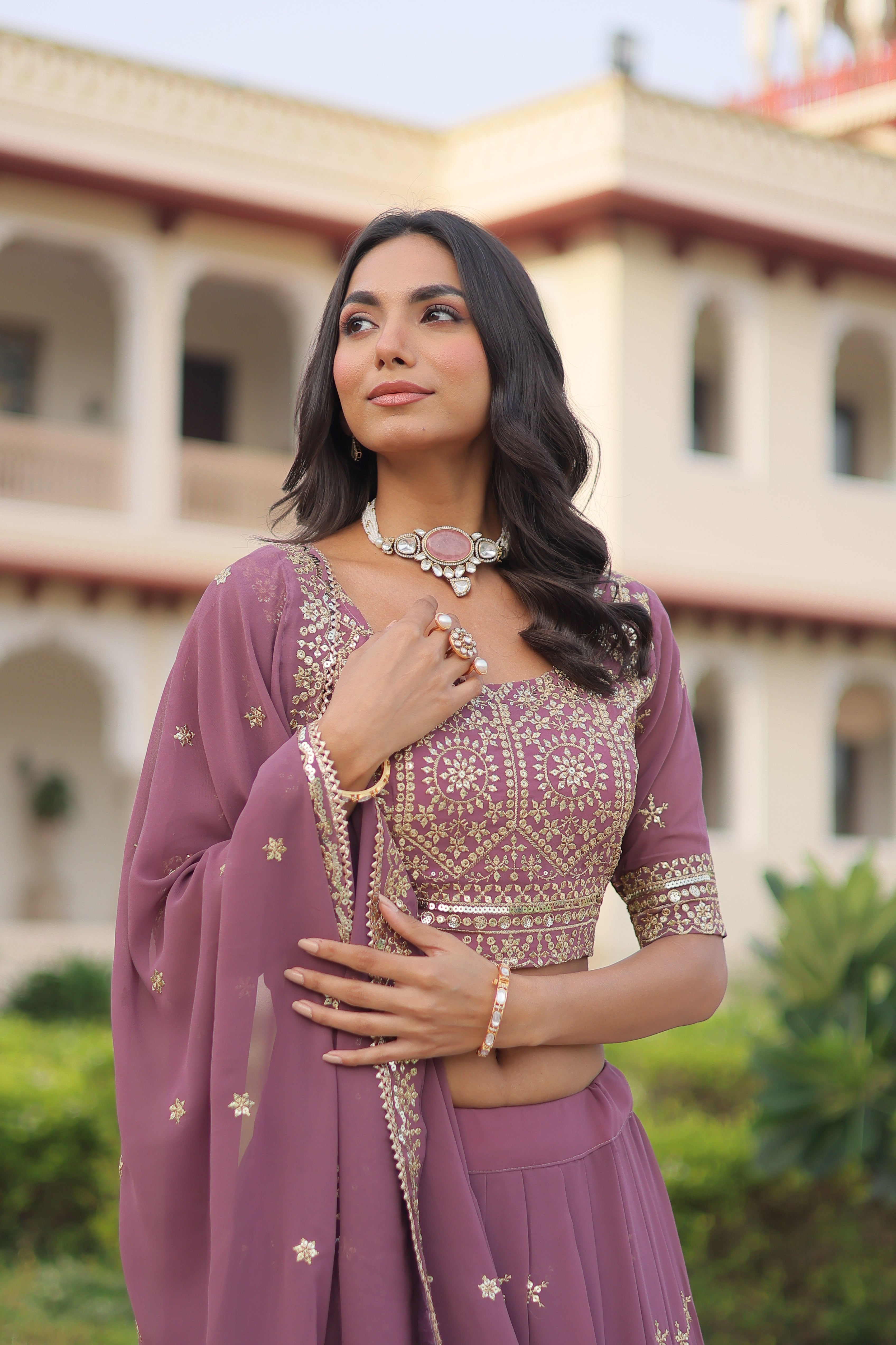 Invi onion pink faux georgette lehenga choli with sequins zari embroidery