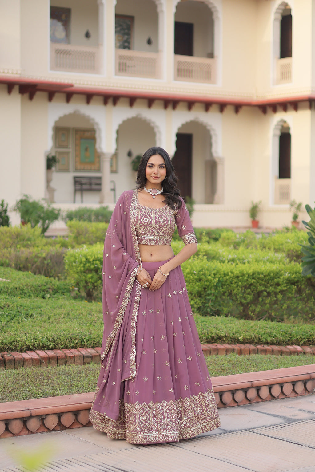 Invi onion pink faux georgette lehenga choli with sequins zari embroidery
