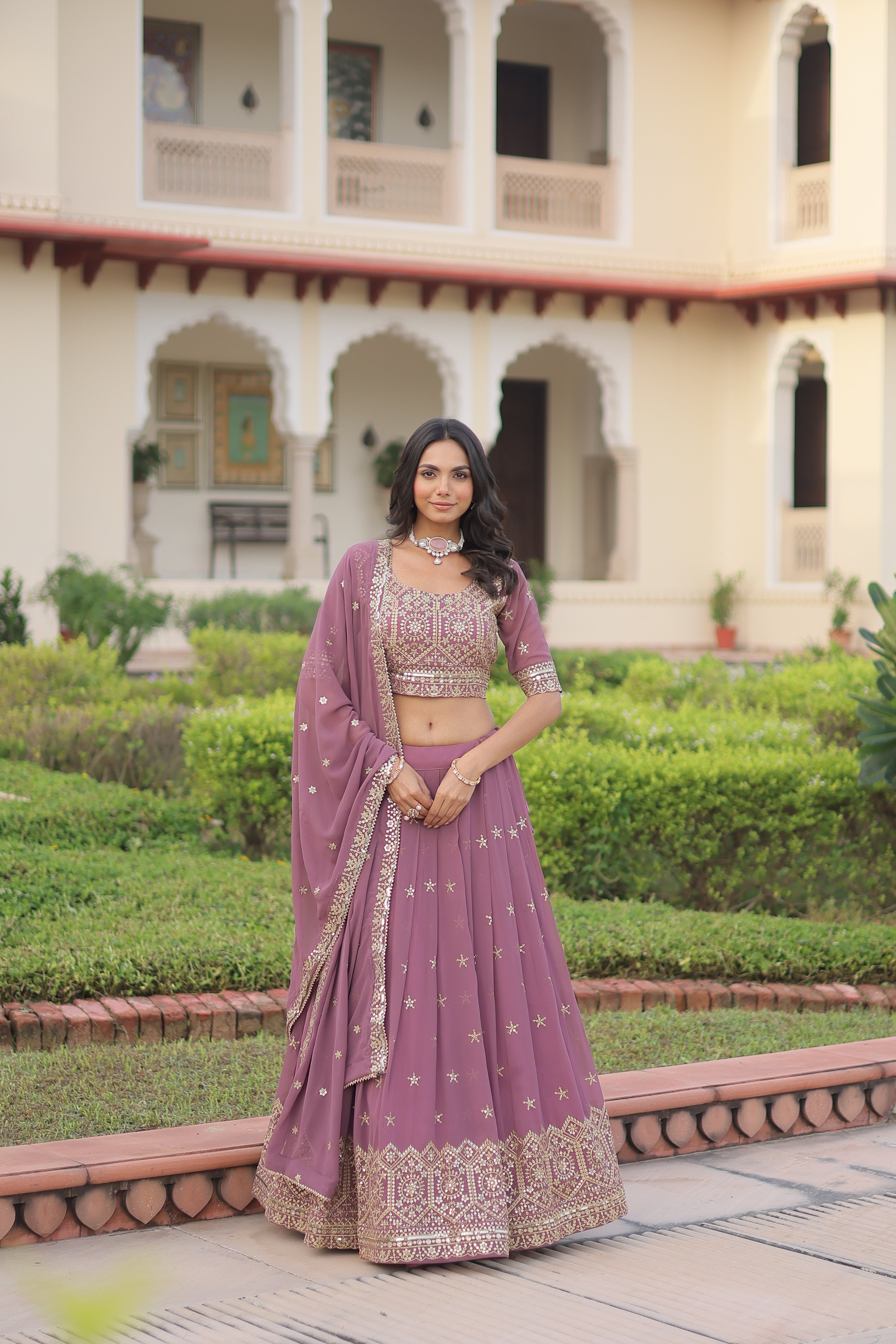 Invi onion pink faux georgette lehenga choli with sequins zari embroidery