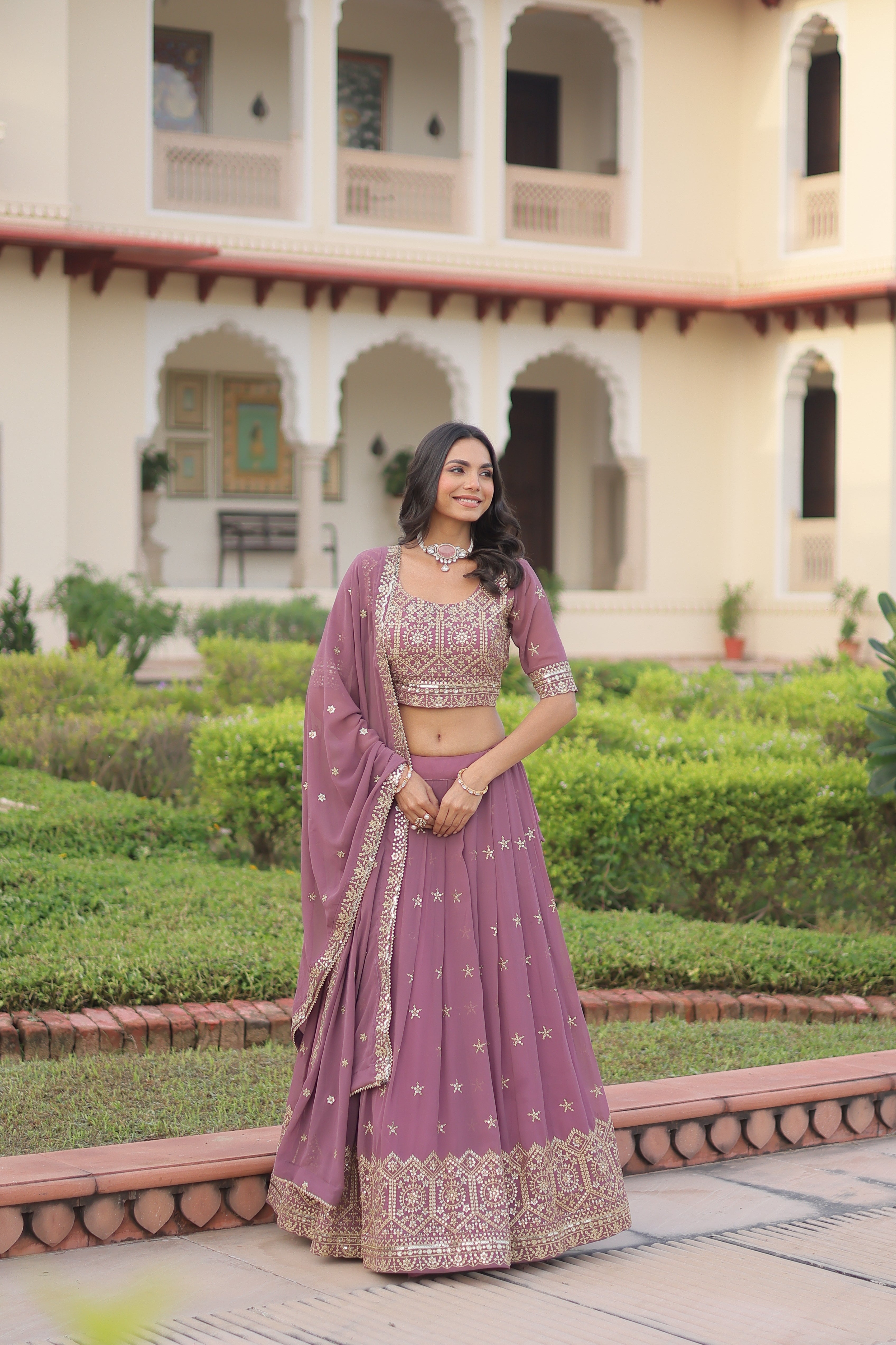 Invi onion pink faux georgette lehenga choli with sequins zari embroidery