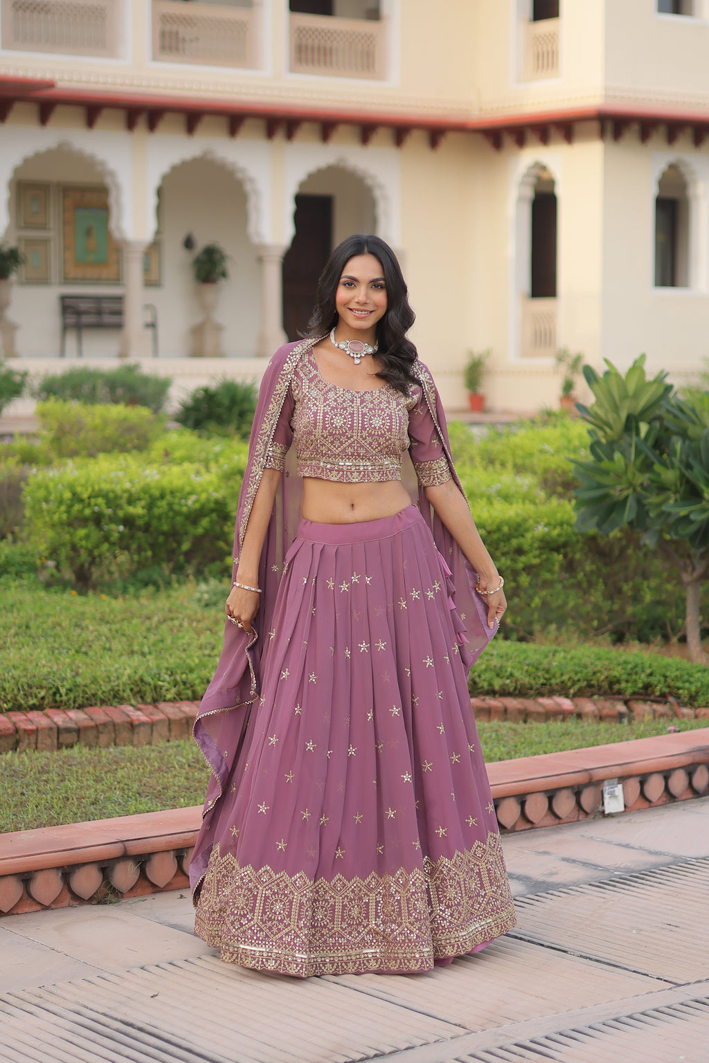 Invi onion pink faux georgette lehenga choli with sequins zari embroidery