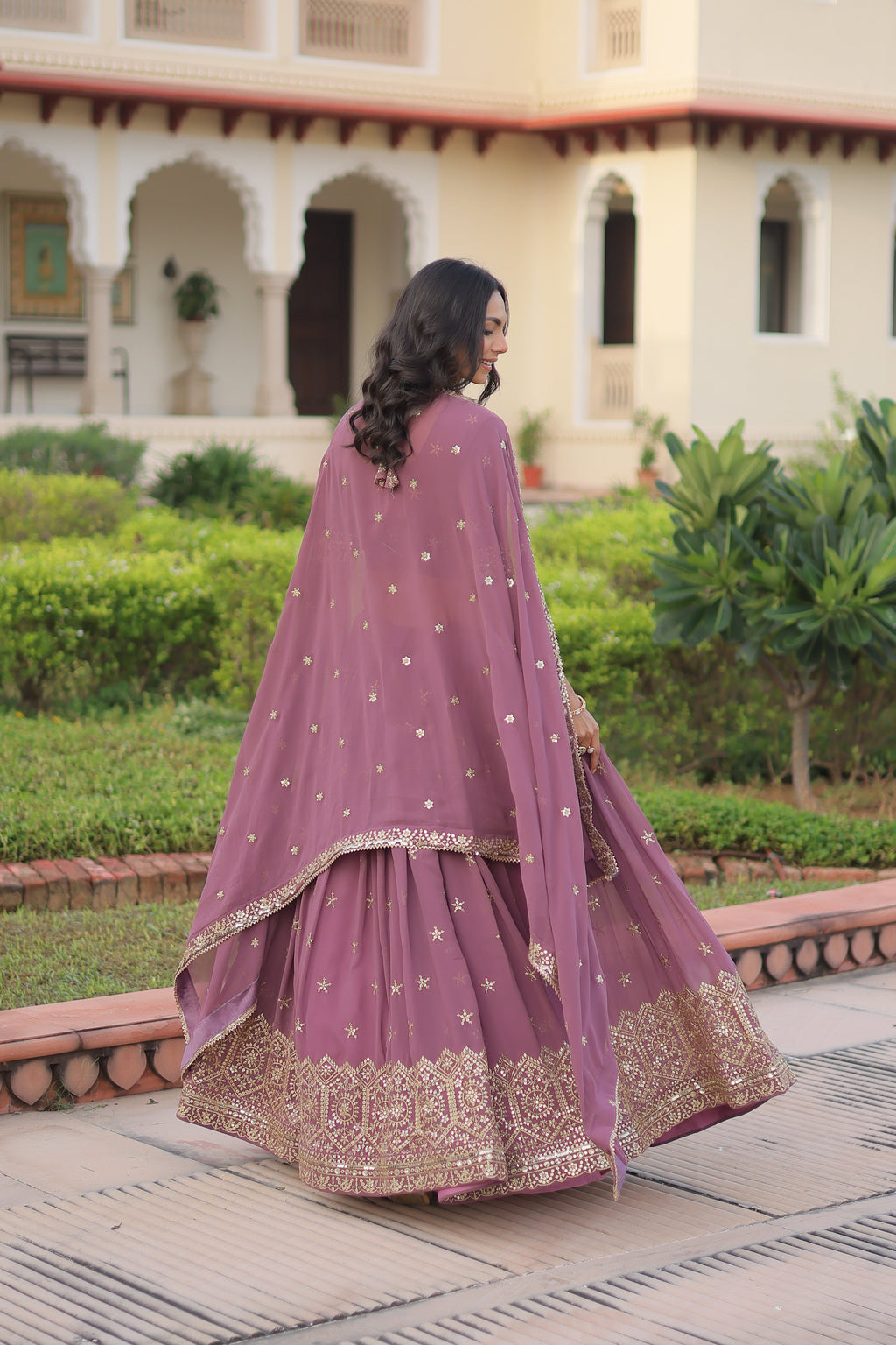 Invi onion pink faux georgette lehenga choli with sequins zari embroidery
