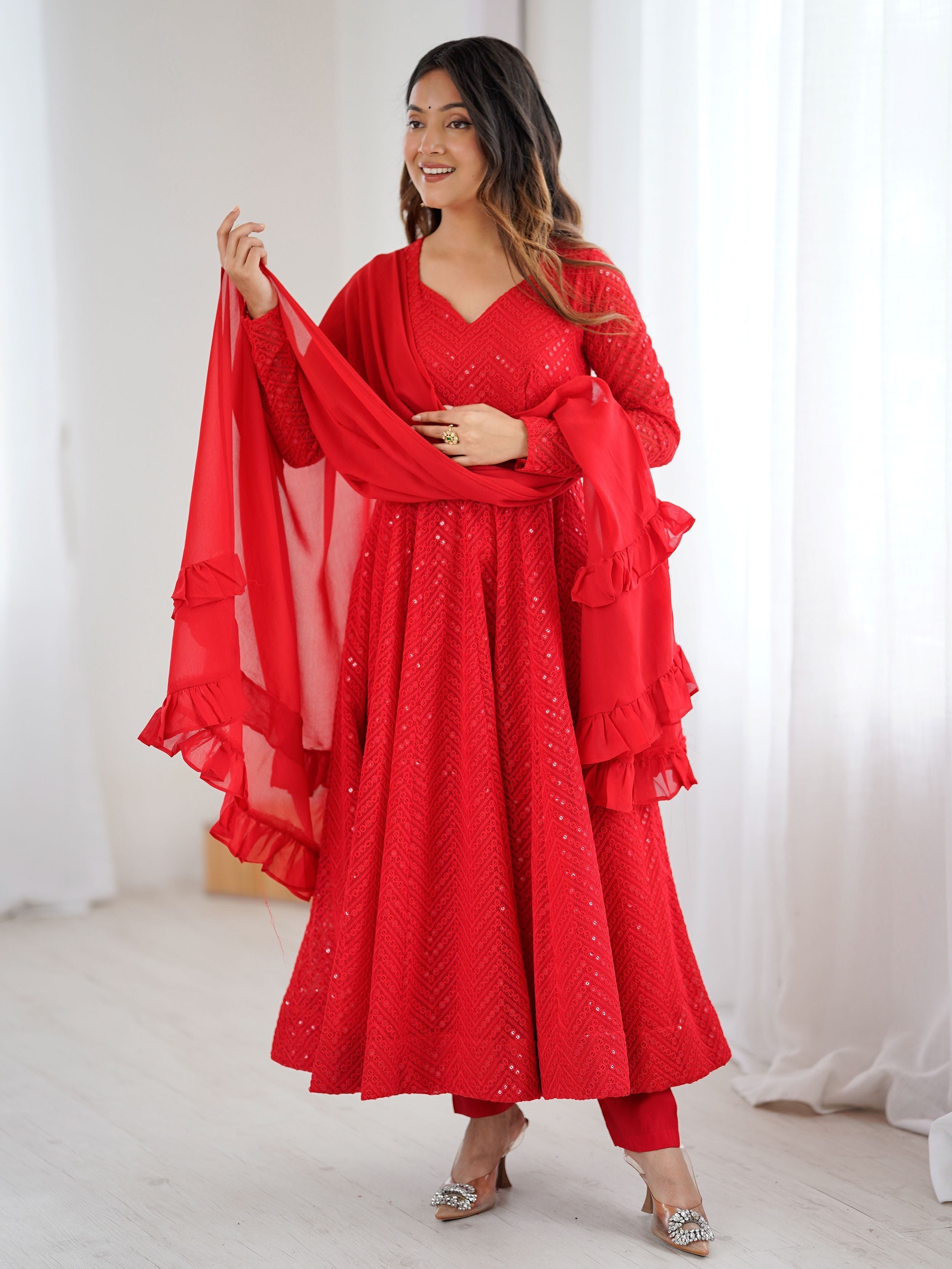 Red party wear Anarkali suit set for women