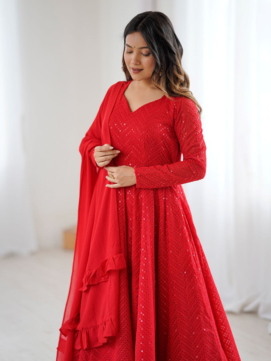 Red party wear Anarkali suit set for women