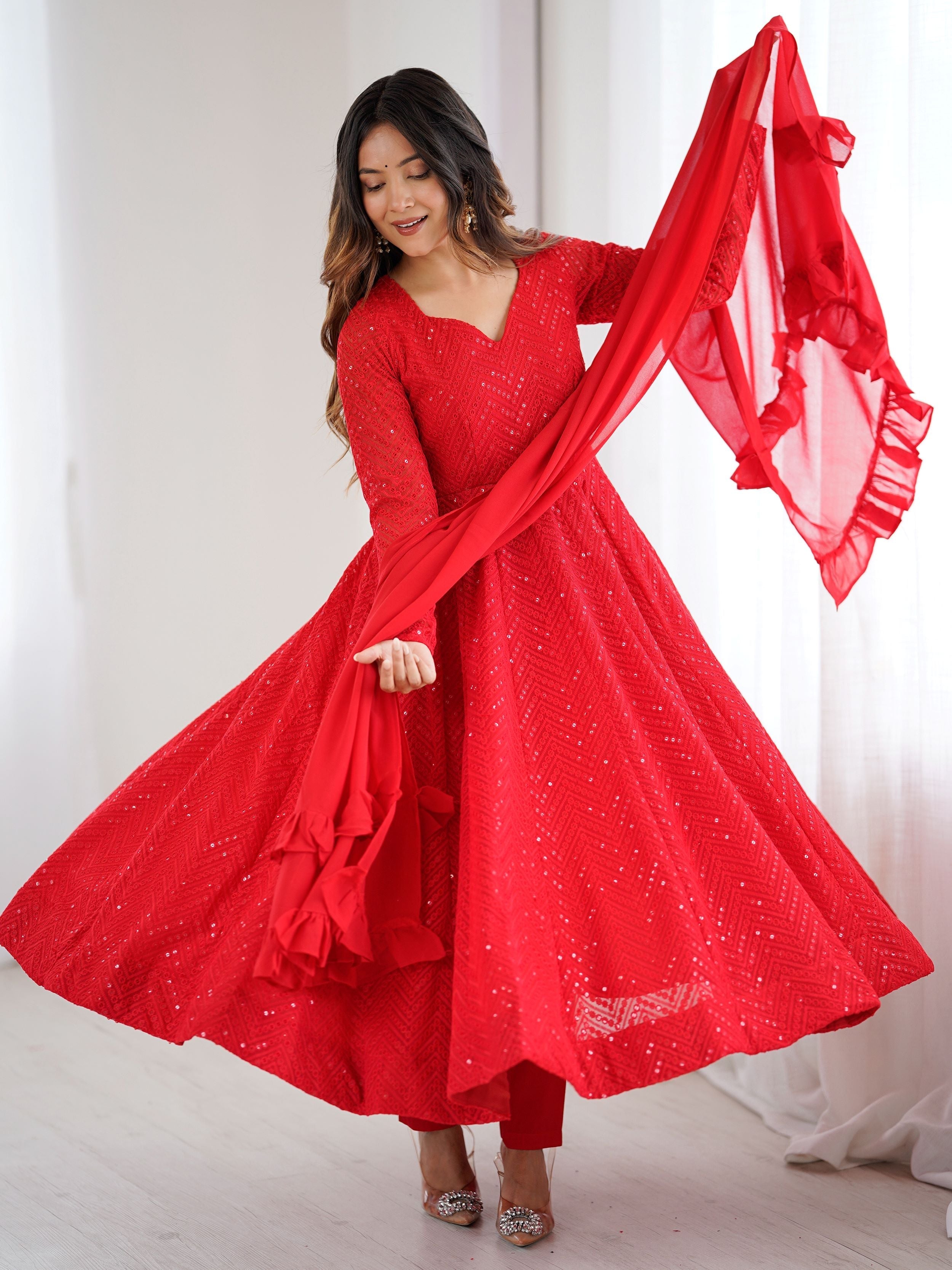 Red party wear Anarkali suit set for women
