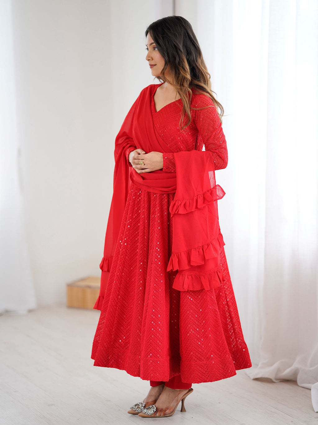 Red party wear Anarkali suit set for women