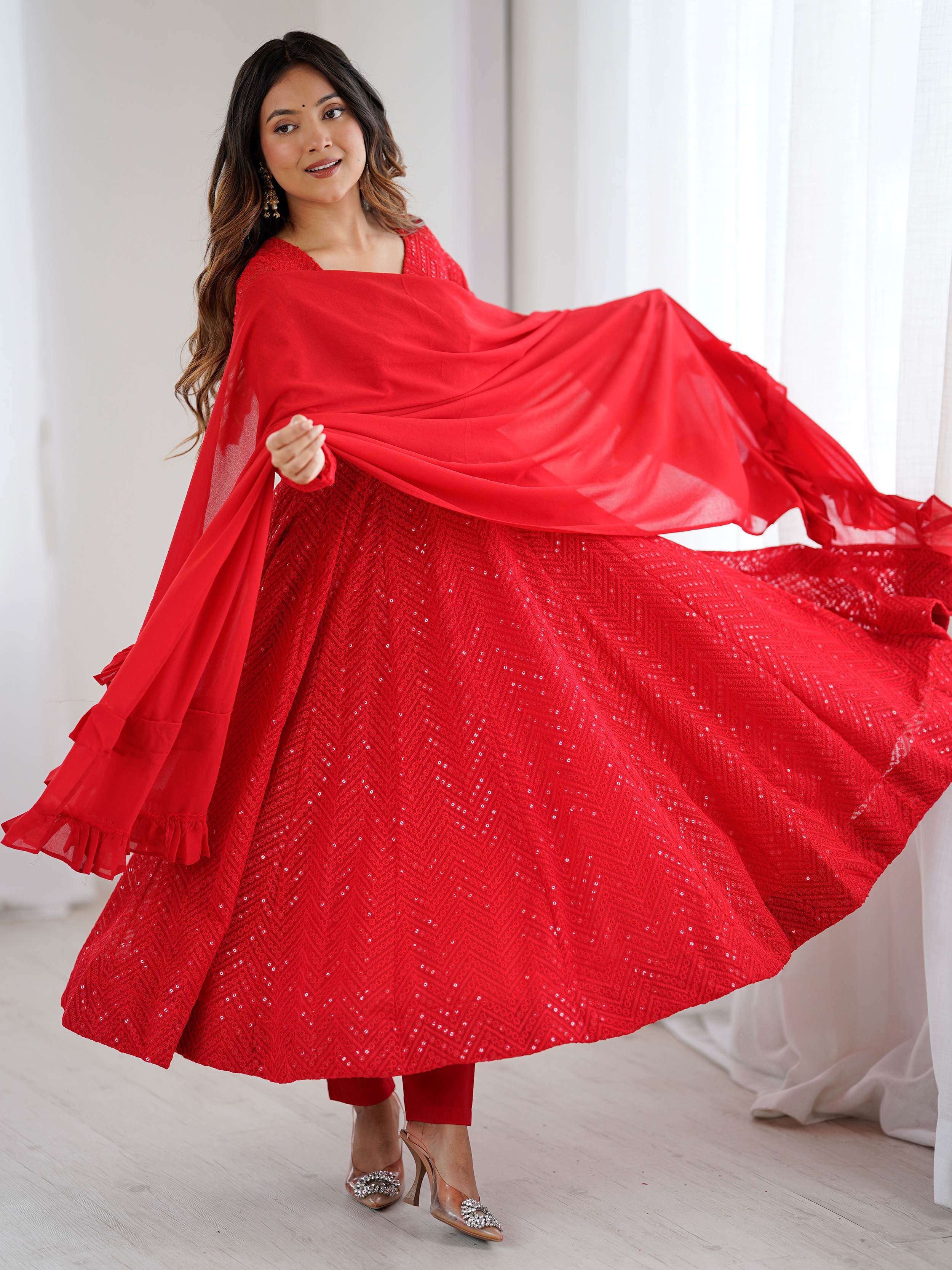 Red party wear Anarkali suit set for women