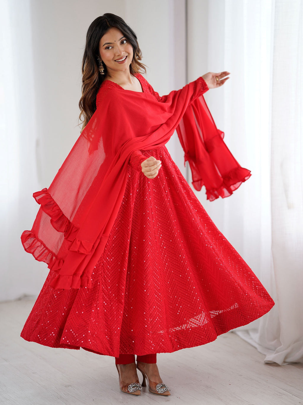 Red party wear Anarkali suit set for women