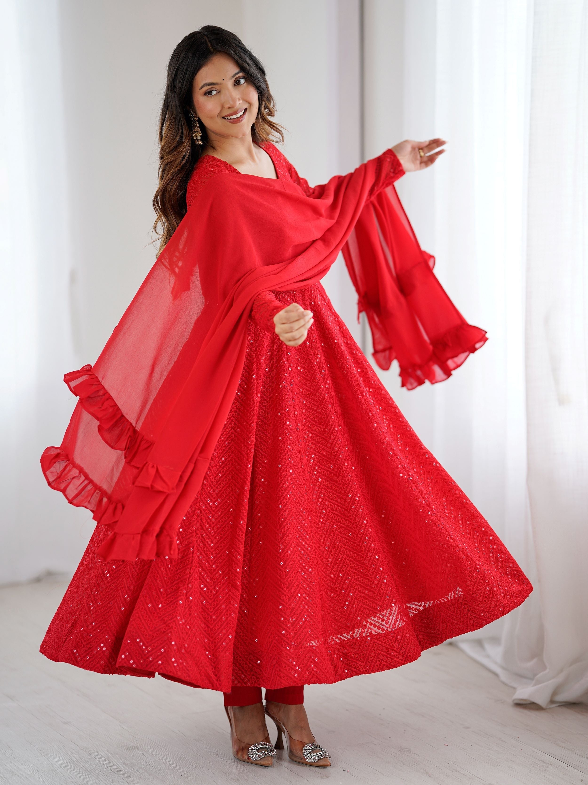 Red party wear Anarkali suit set for women
