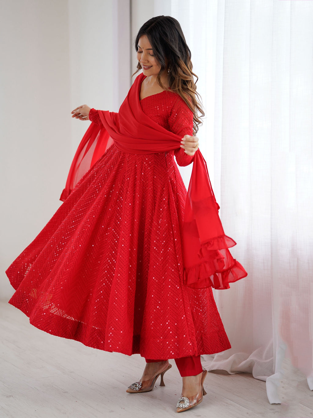Red party wear Anarkali suit set for women