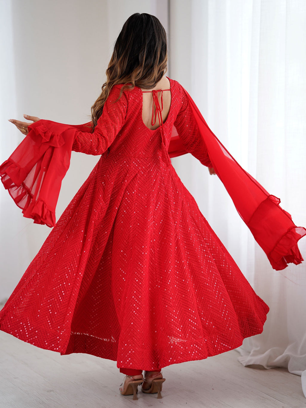 Red party wear Anarkali suit set for women