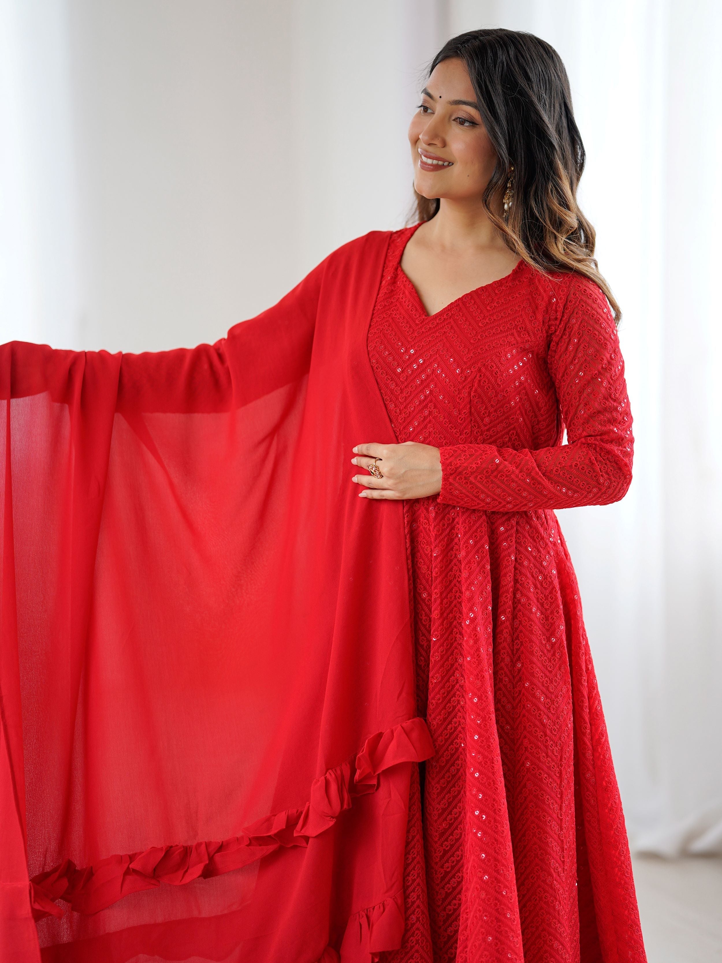 Red party wear Anarkali suit set for women