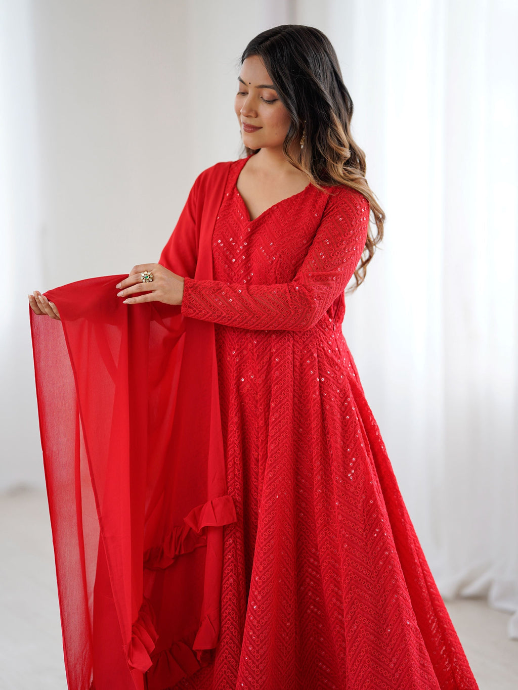 Red party wear Anarkali suit set for women