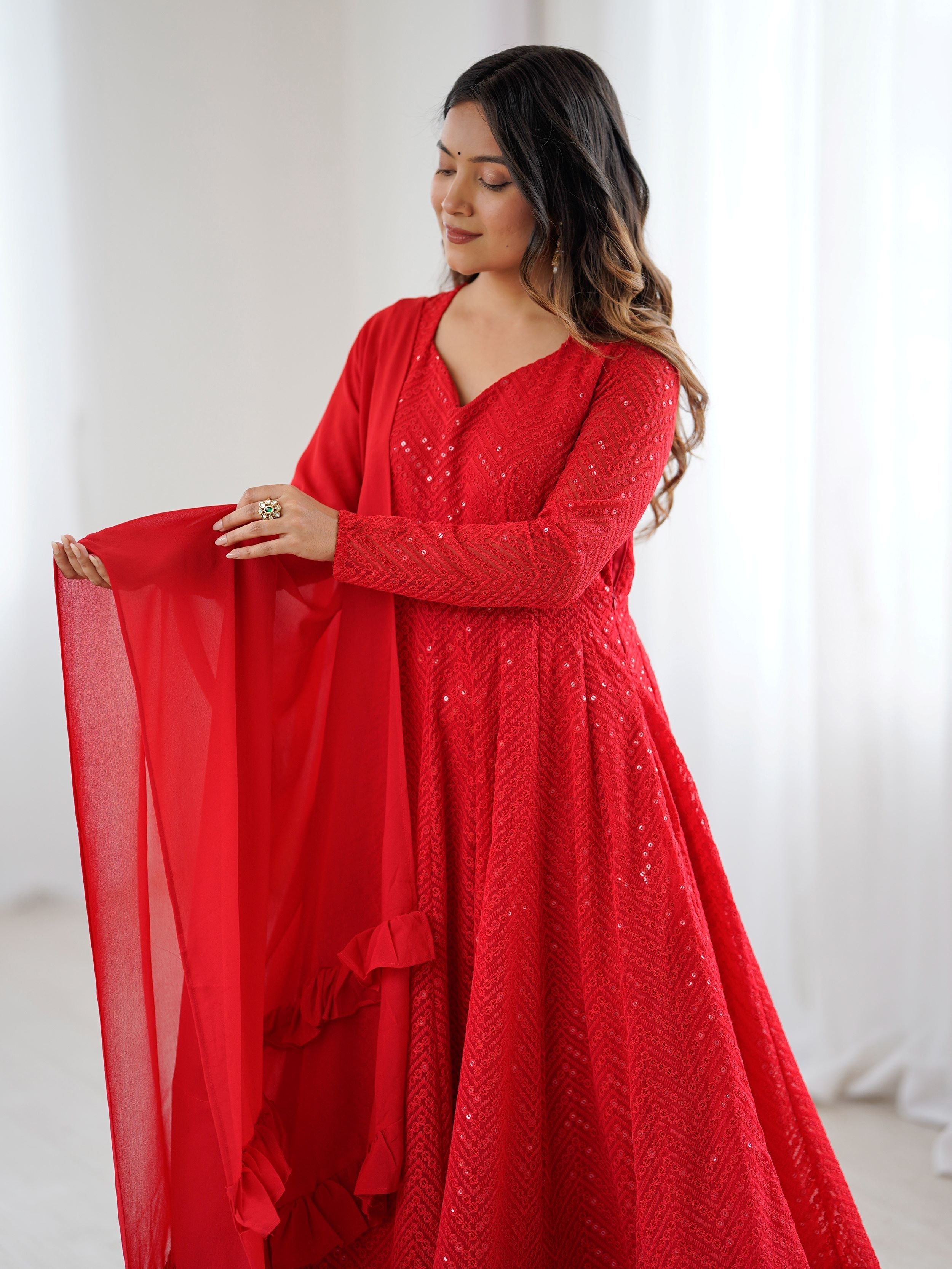 Red party wear Anarkali suit set for women