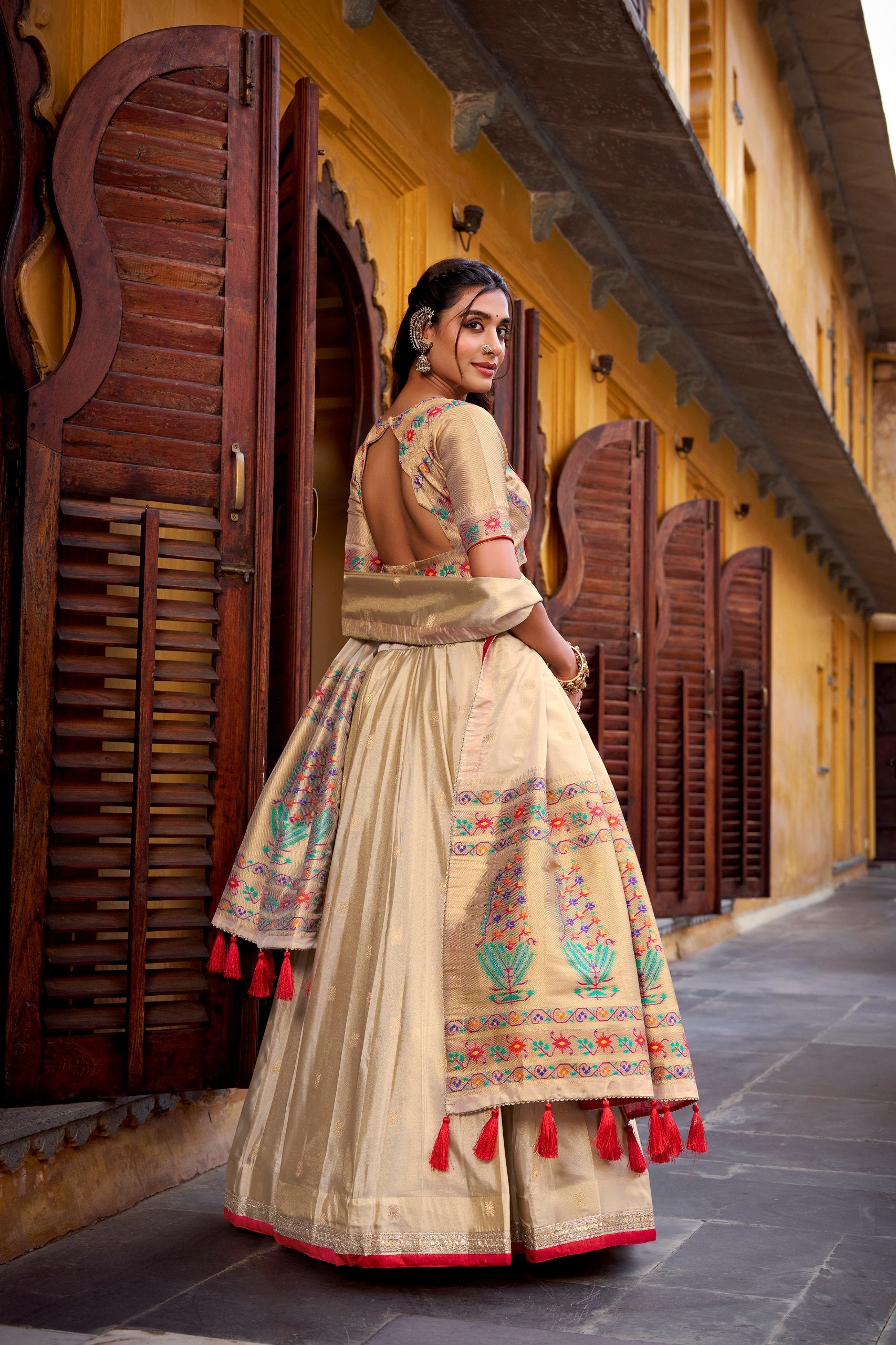 Kalyani cream shimmer paithani zari weaving red border lehenga choli set