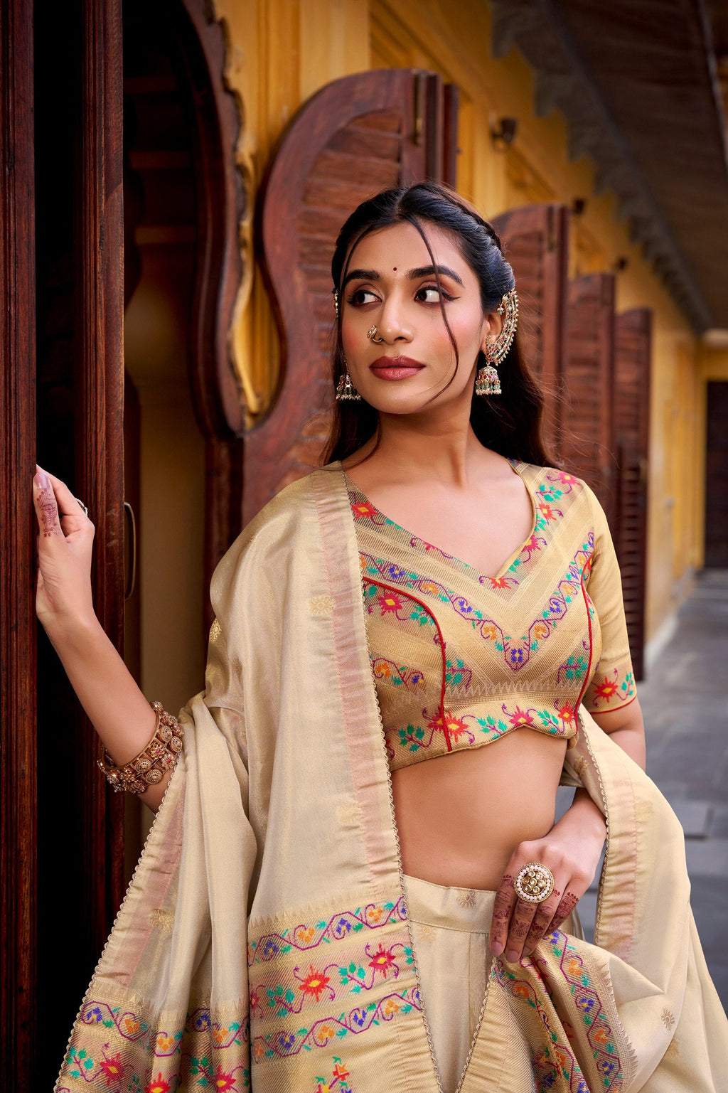 Kalyani cream shimmer paithani zari weaving red border lehenga choli set