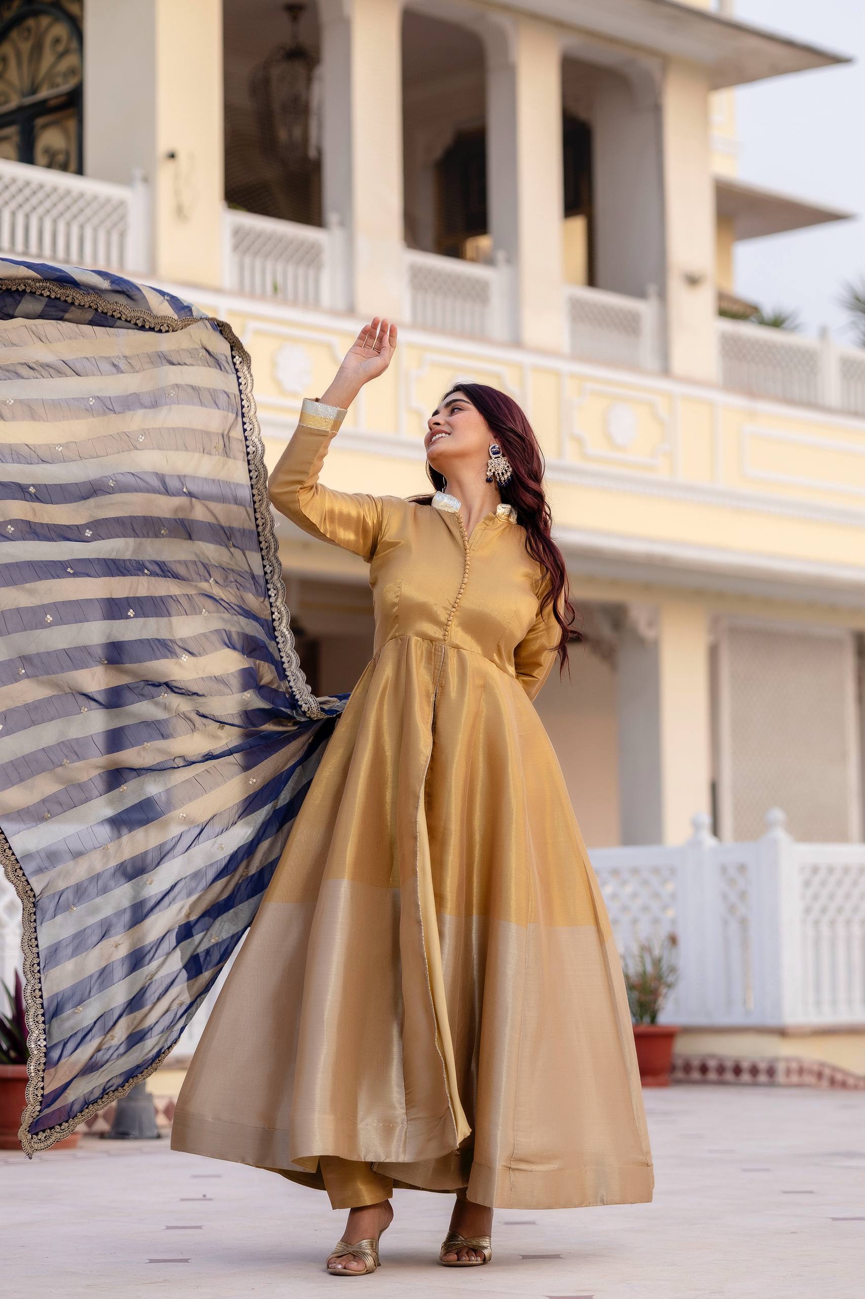 Kasumbi dark golden pure banarasi viscose anarkali suit set