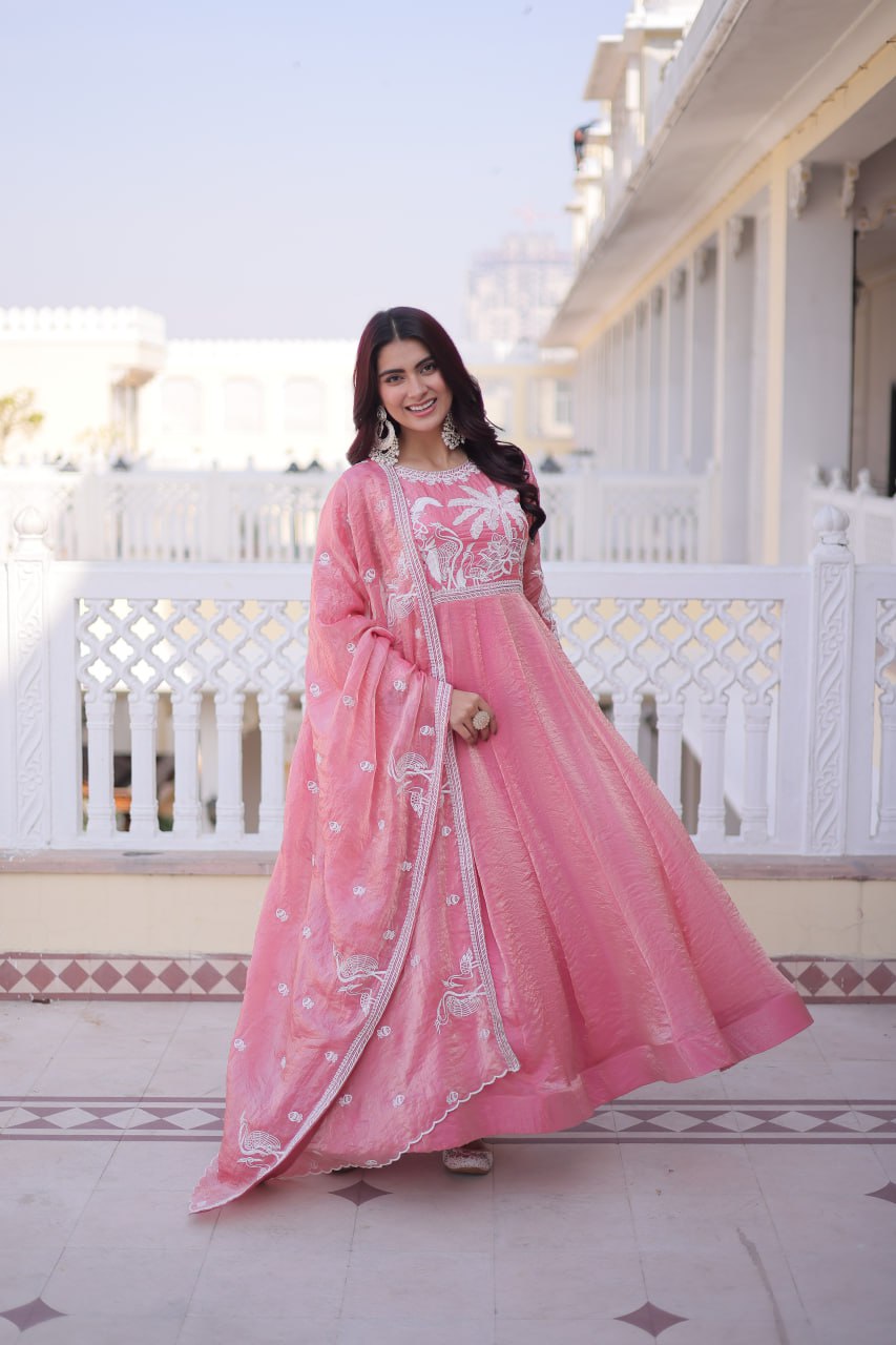 Komalika pink fendi satin thread sequins embroidered gown with dupatta set