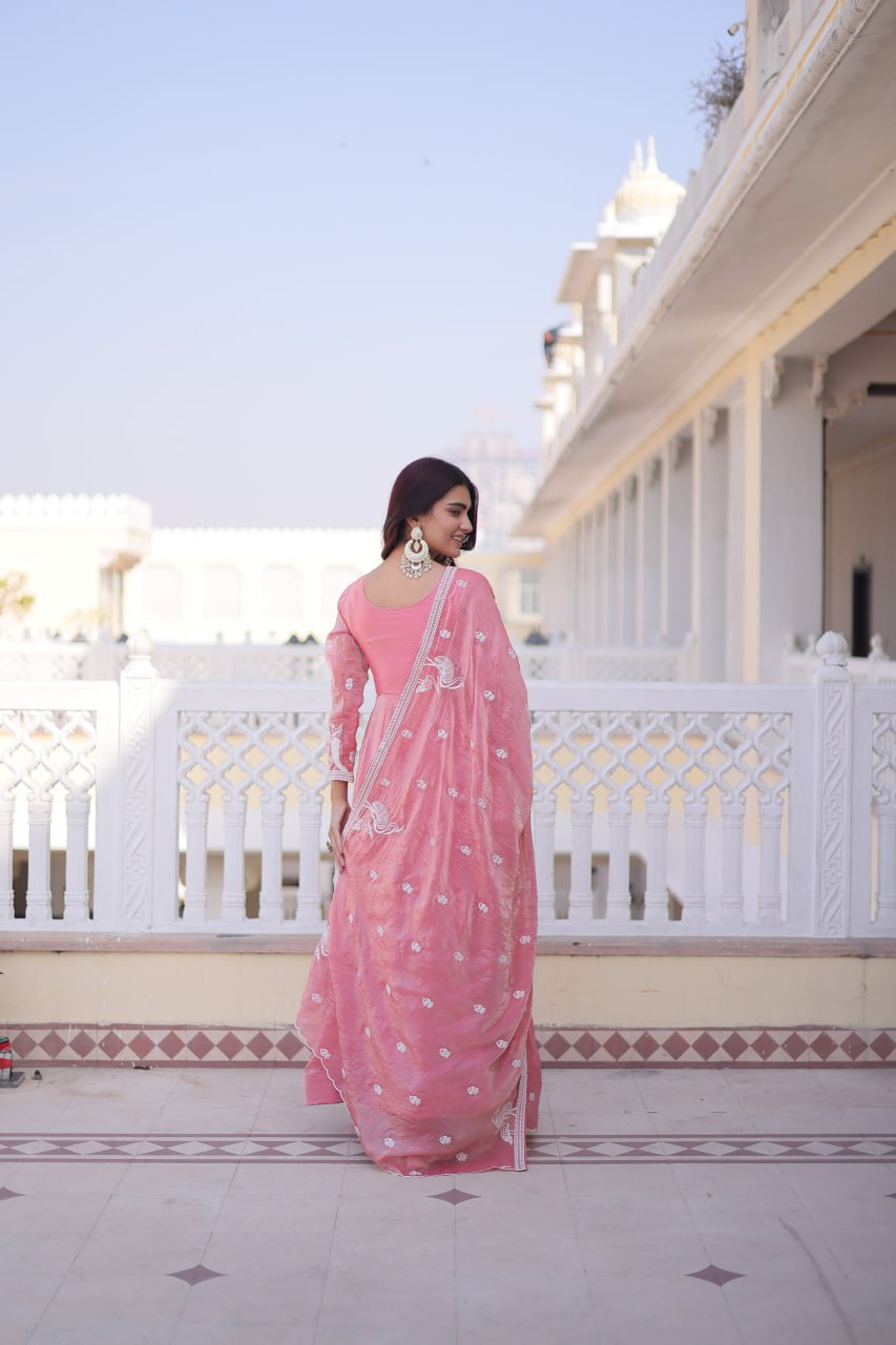 Komalika pink fendi satin thread sequins embroidered gown with dupatta set