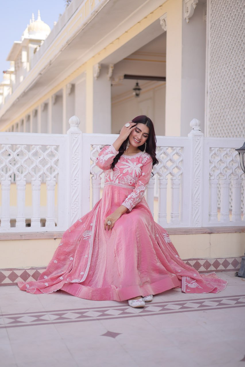 Komalika pink fendi satin thread sequins embroidered gown with dupatta set