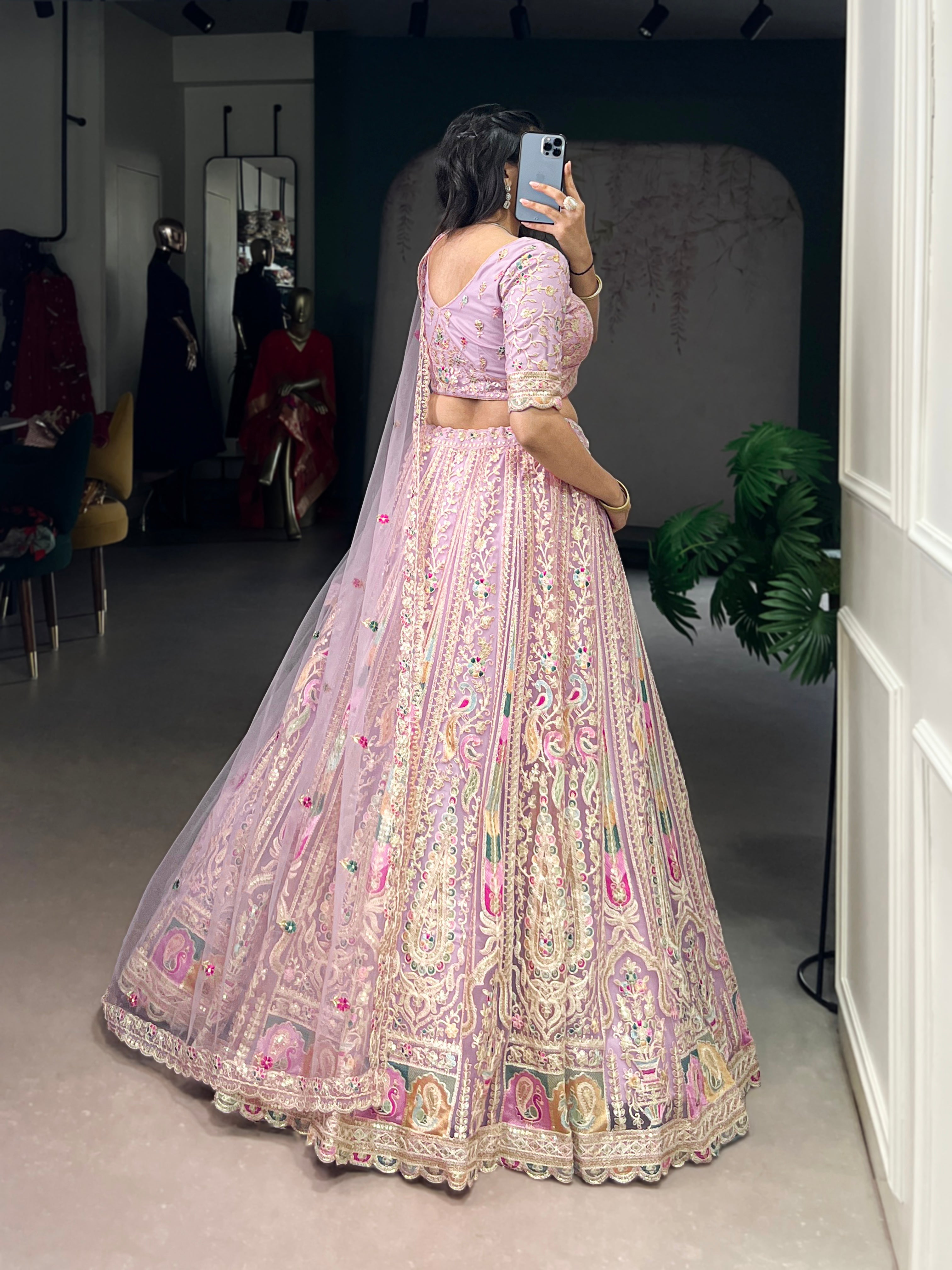 Lavender net sequins thread embroidery lehenga choli with dupatta