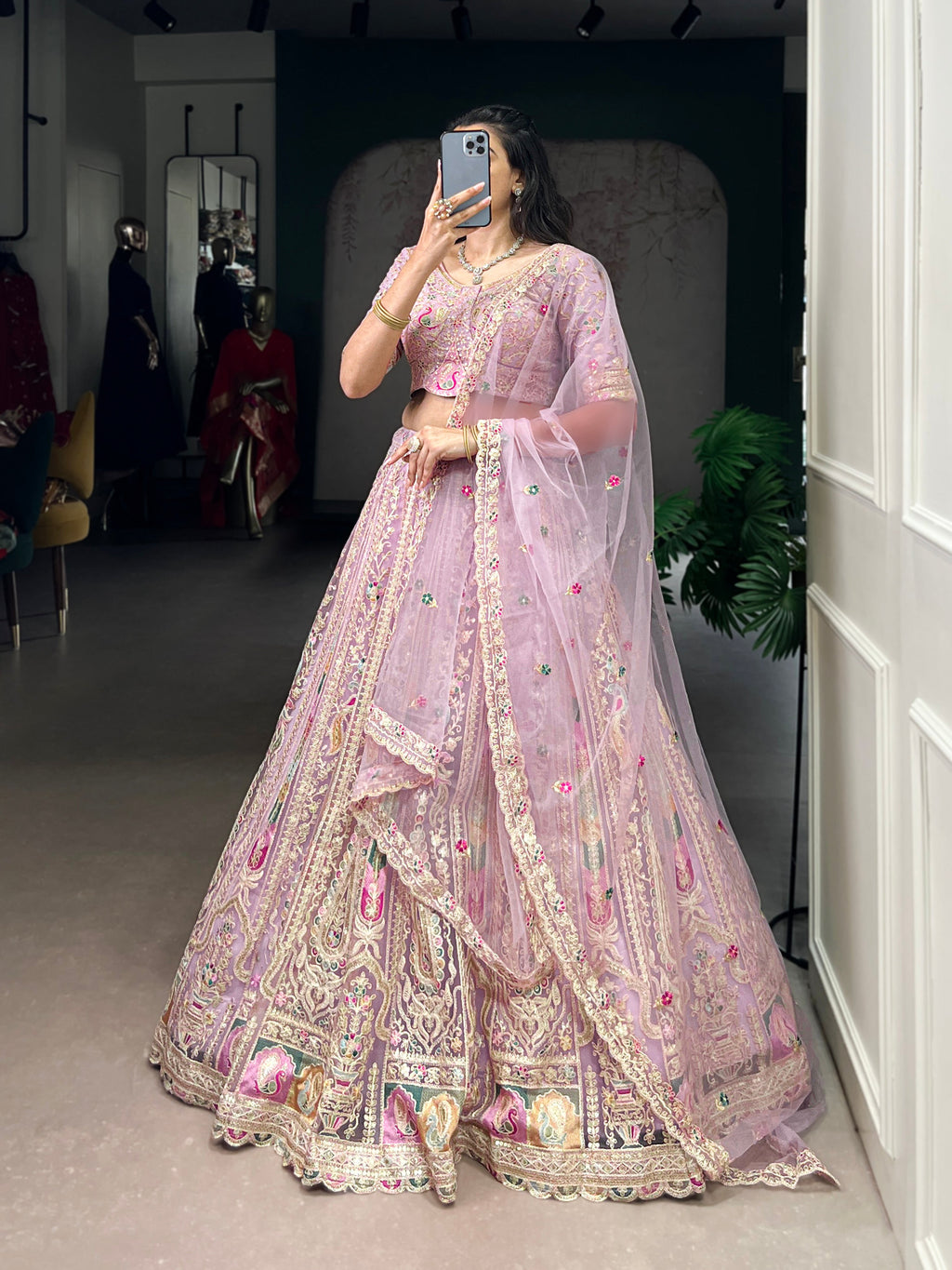 Lavender net sequins thread embroidery lehenga choli with dupatta