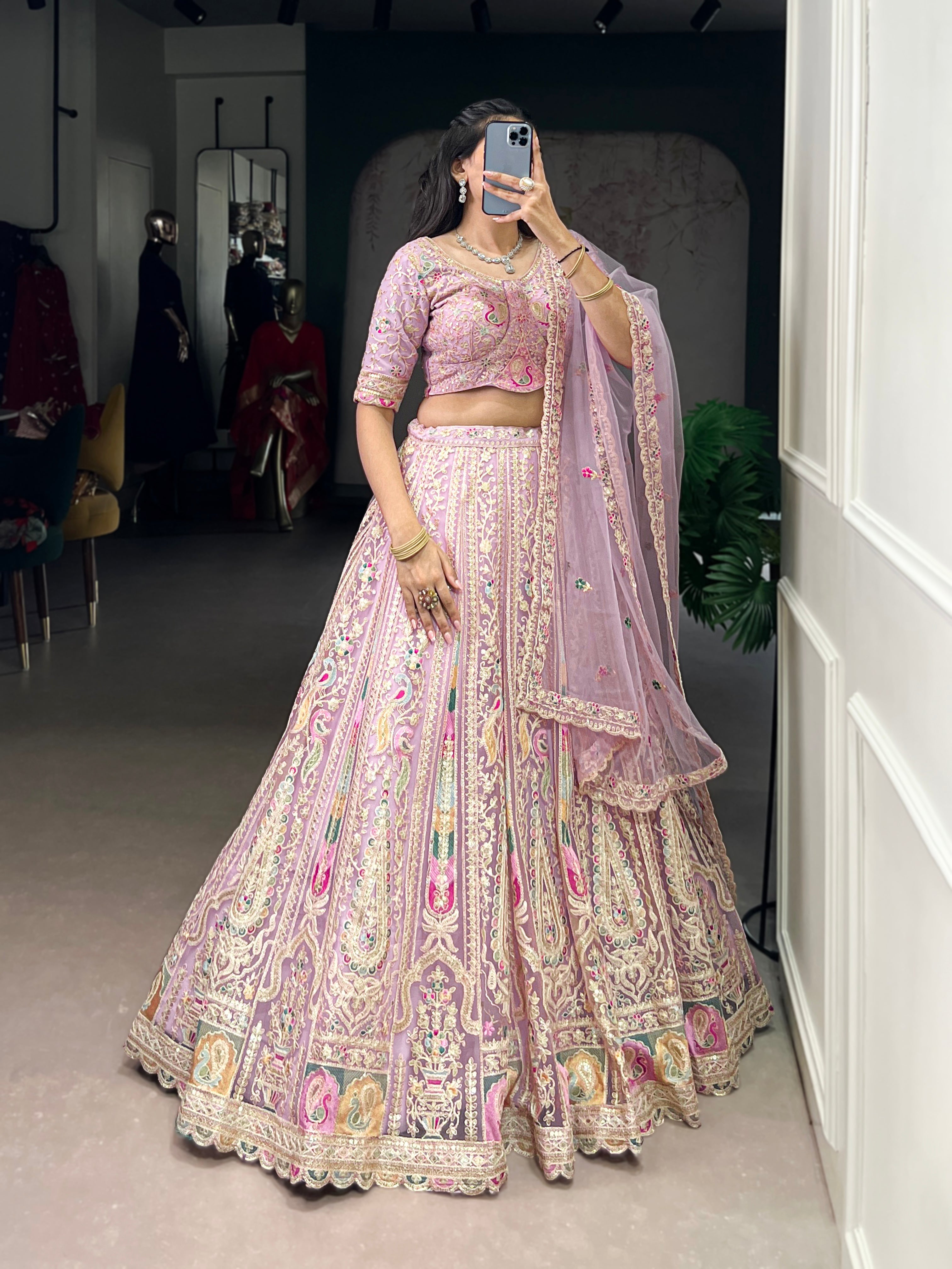 Lavender net sequins thread embroidery lehenga choli with dupatta