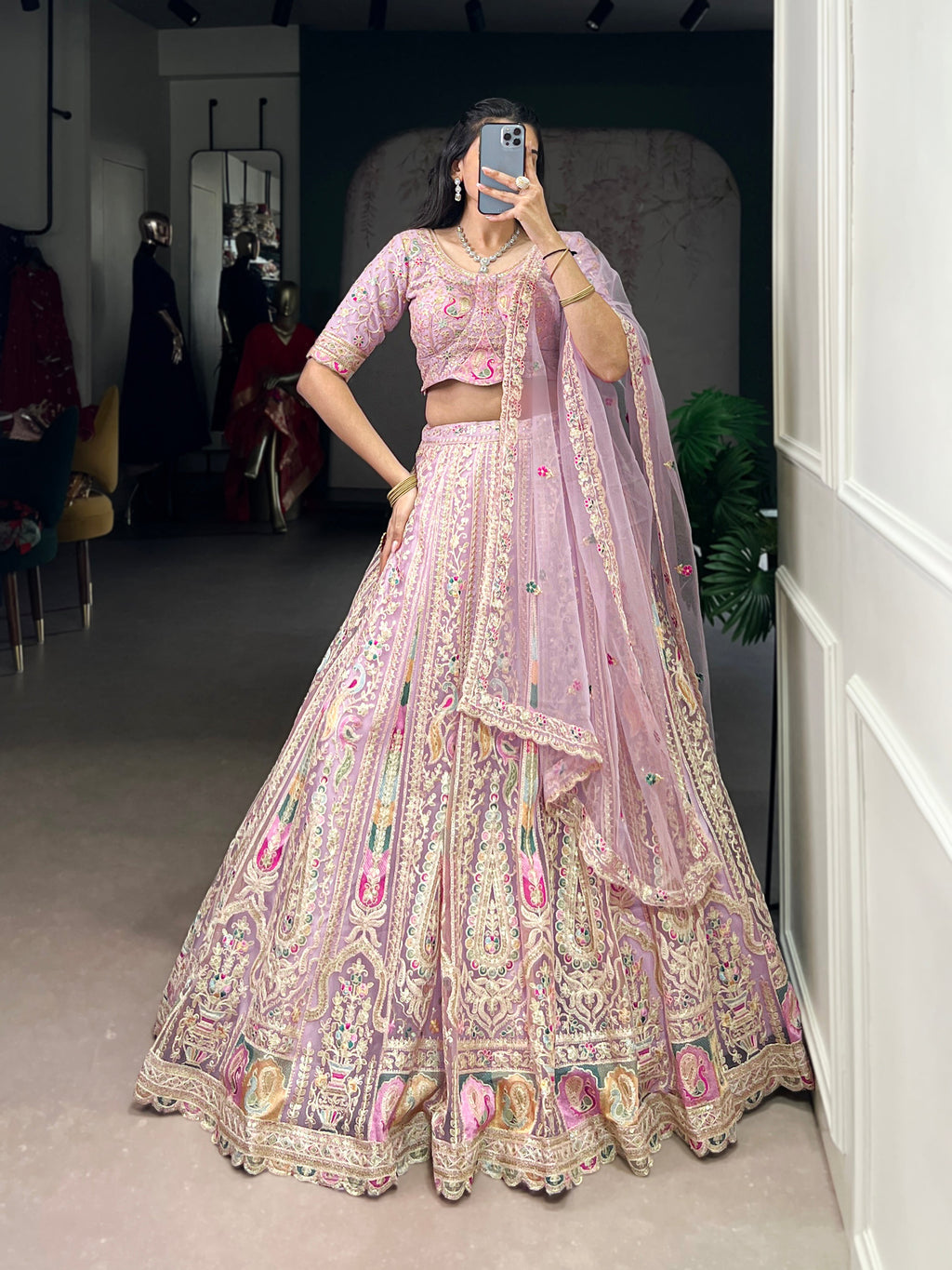 Lavender net sequins thread embroidery lehenga choli with dupatta