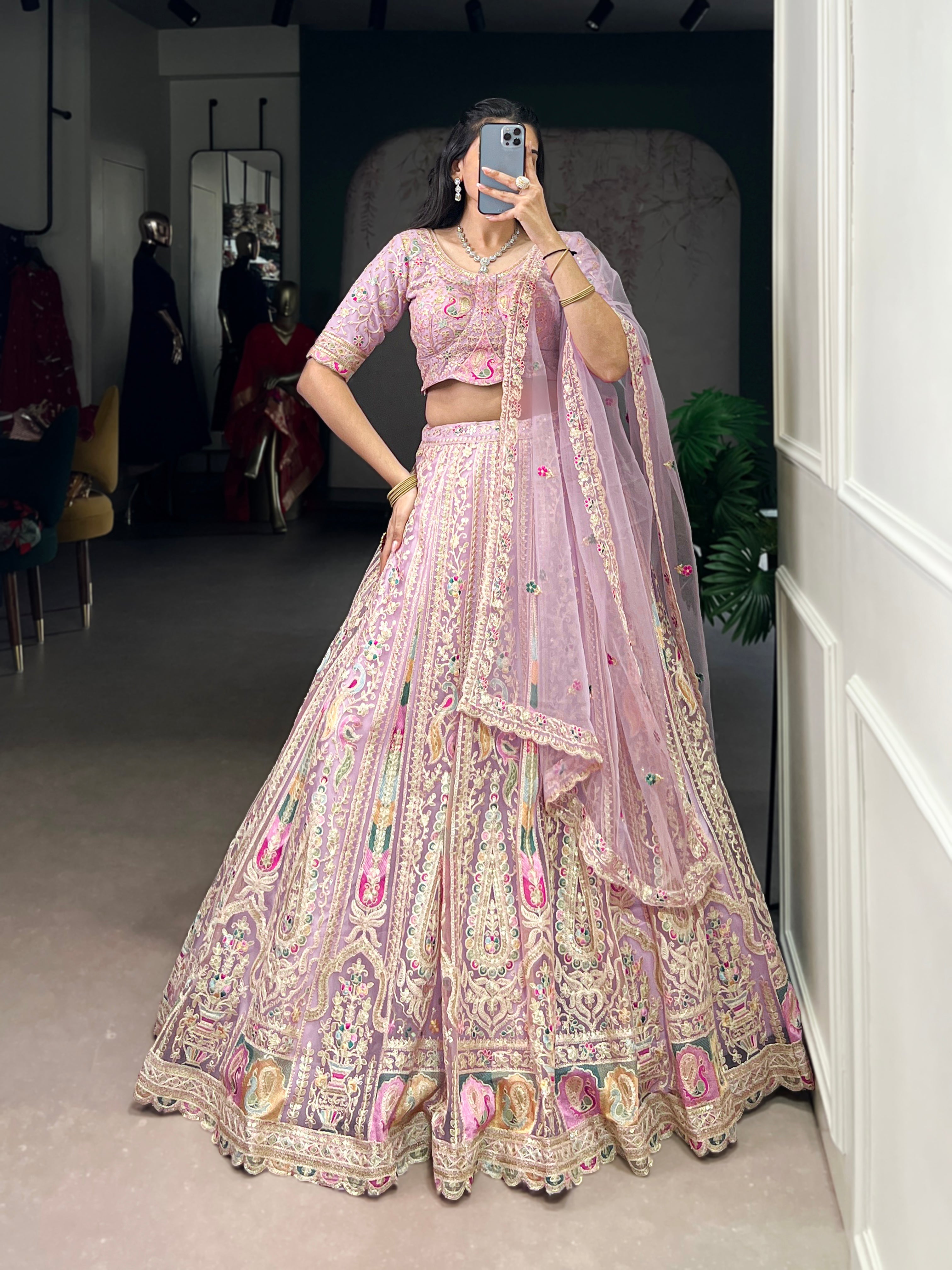 Lavender net sequins thread embroidery lehenga choli with dupatta