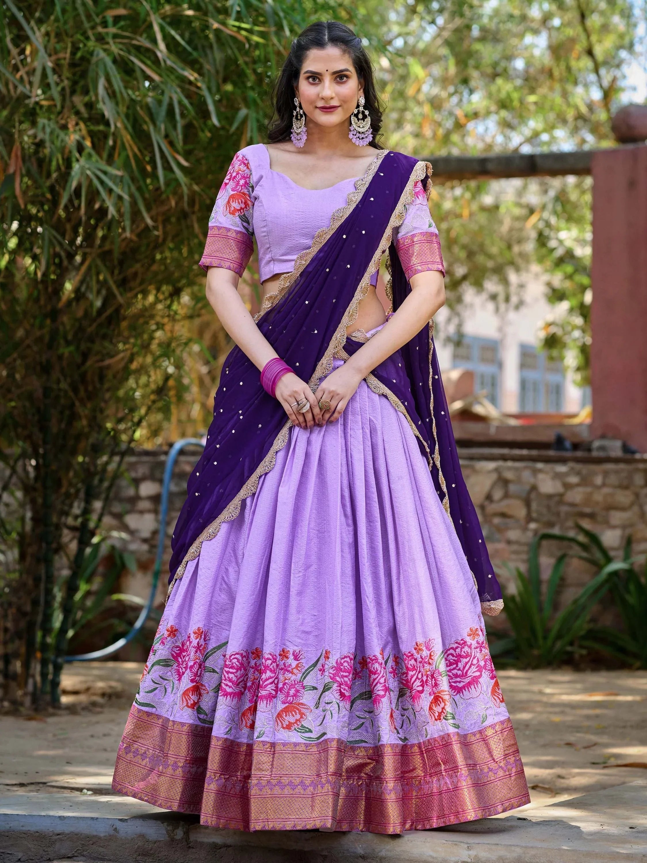 Lavender cotton silk embroidered lehenga choli set with dupatta