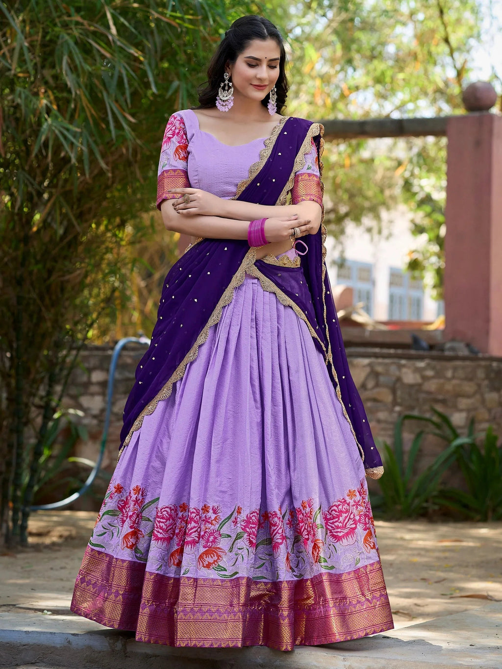 Lavender cotton silk embroidered lehenga choli set with dupatta