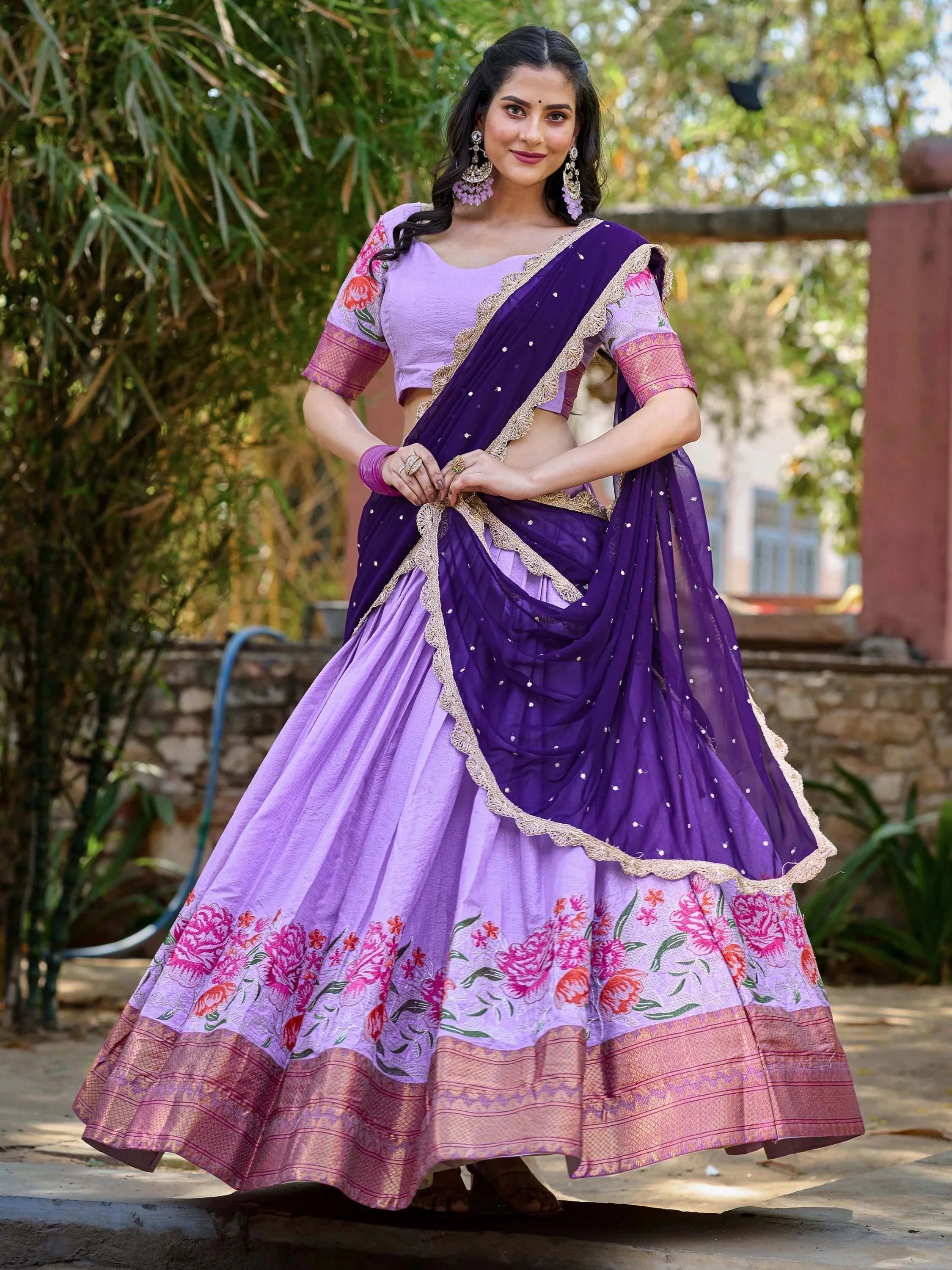 Lavender cotton silk embroidered lehenga choli set with dupatta