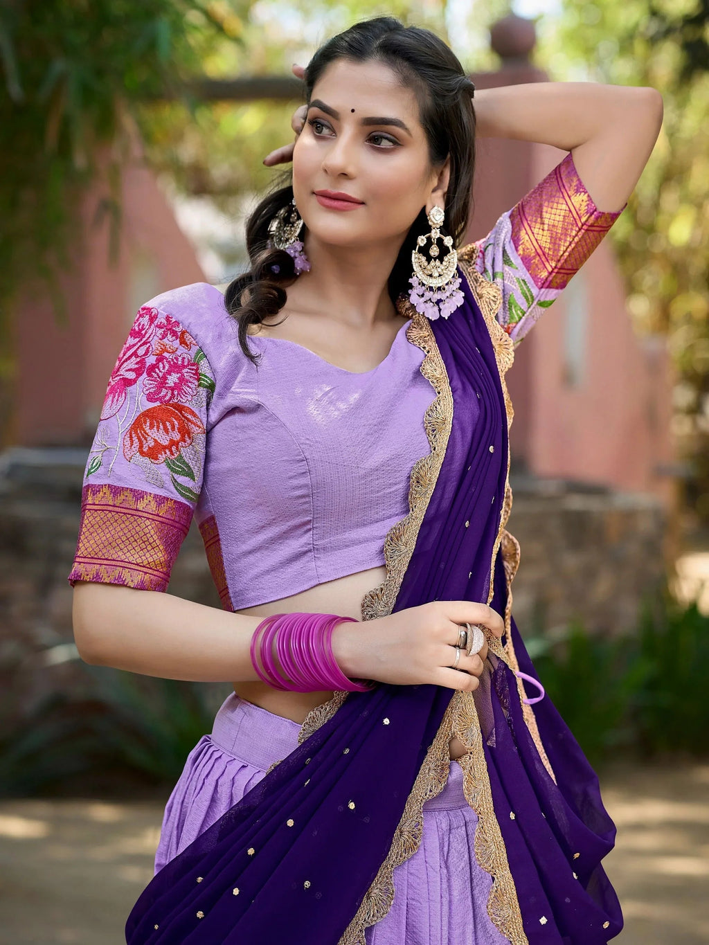 Lavender cotton silk embroidered lehenga choli set with dupatta