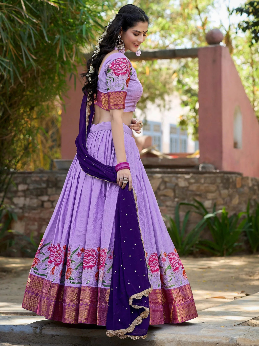 Lavender cotton silk embroidered lehenga choli set with dupatta