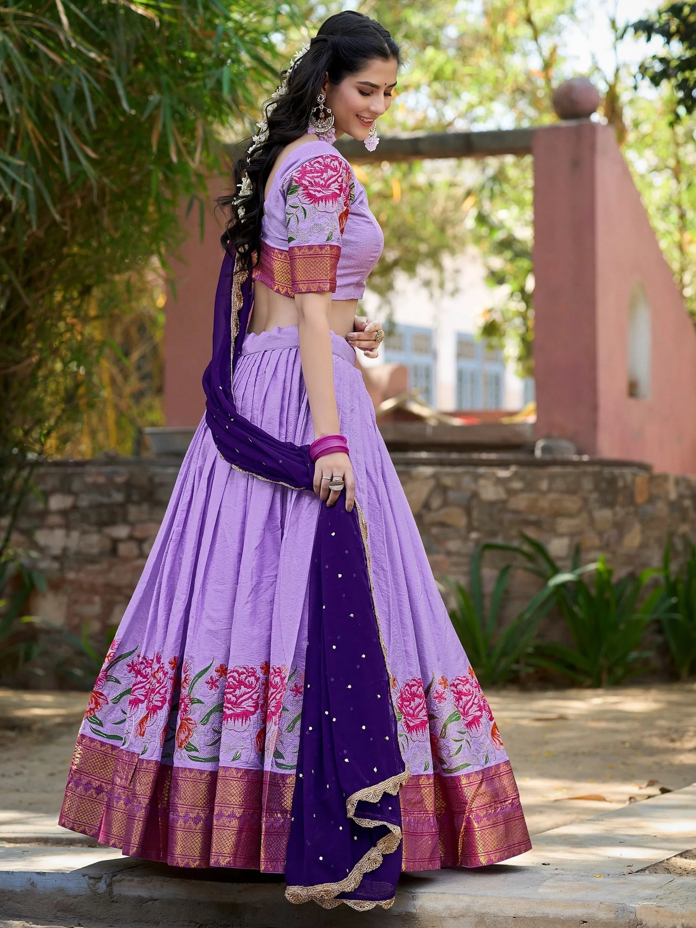 Lavender cotton silk embroidered lehenga choli set with dupatta