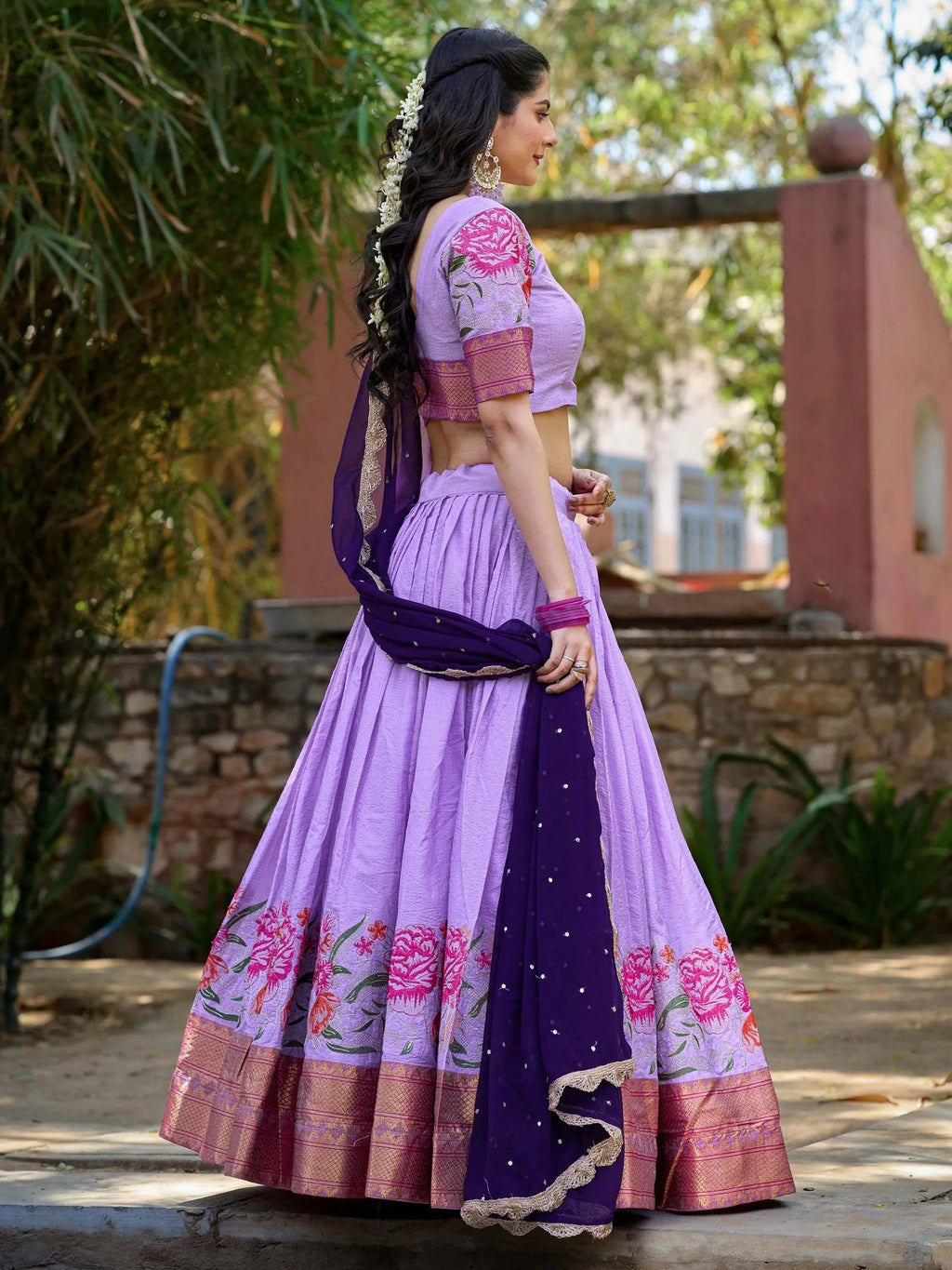 Lavender cotton silk embroidered lehenga choli set with dupatta