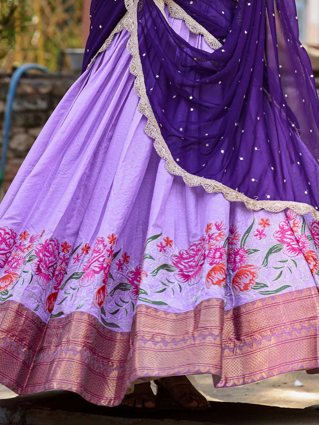 Lavender cotton silk embroidered lehenga choli set with dupatta