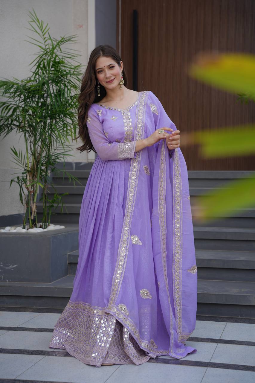 Lavender crunchy silk gown with embroidered sequins work and dupatta