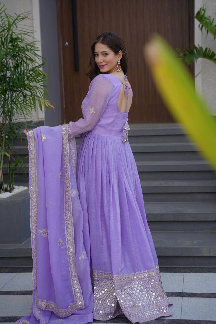 Lavender crunchy silk gown with embroidered sequins work and dupatta