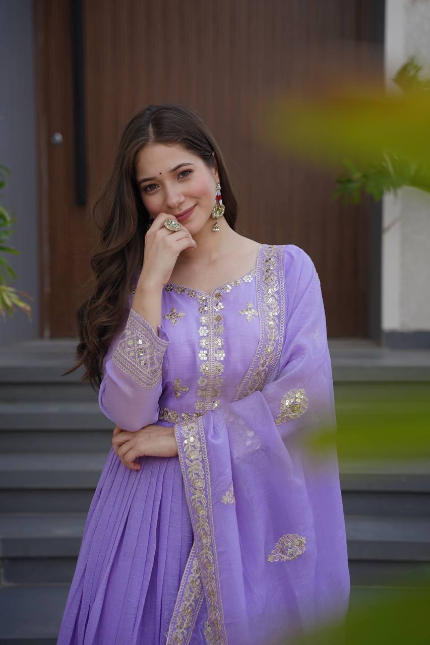Lavender crunchy silk gown with embroidered sequins work and dupatta