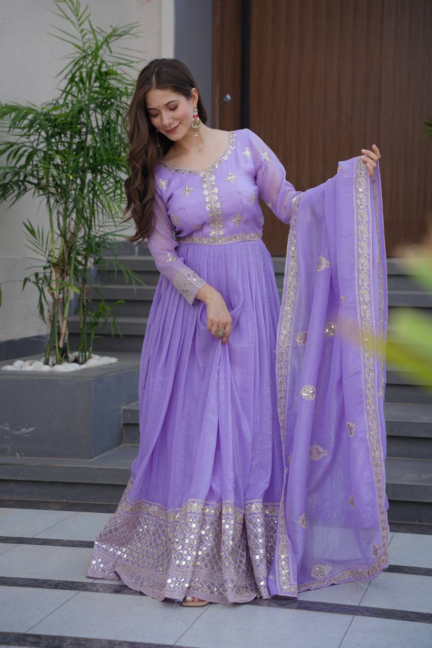 Lavender crunchy silk gown with embroidered sequins work and dupatta