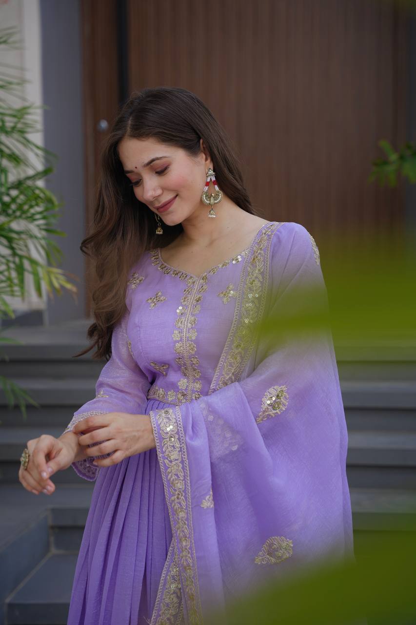 Lavender crunchy silk gown with embroidered sequins work and dupatta